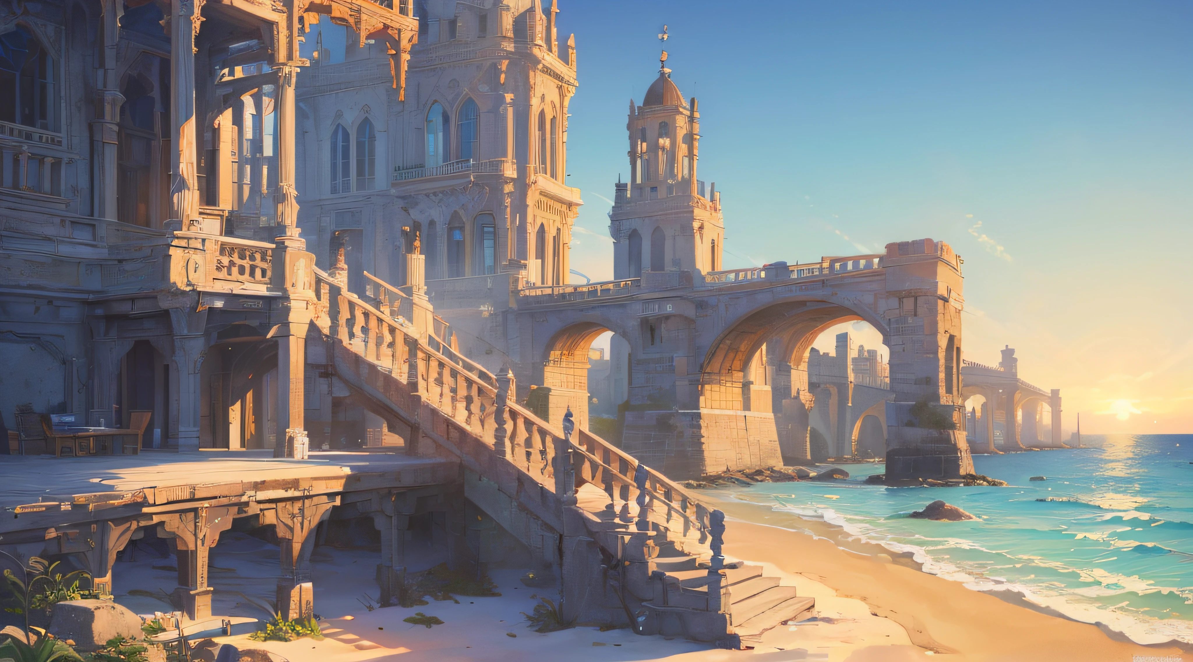 ((intricate detailes, High resolution illustration)), (((masutepiece, Best Quality, very fine 8KCG wallpaper))),Blue Sea,blue open sky,Winter air,Behind the scenes looking at the sea on the sandy beach