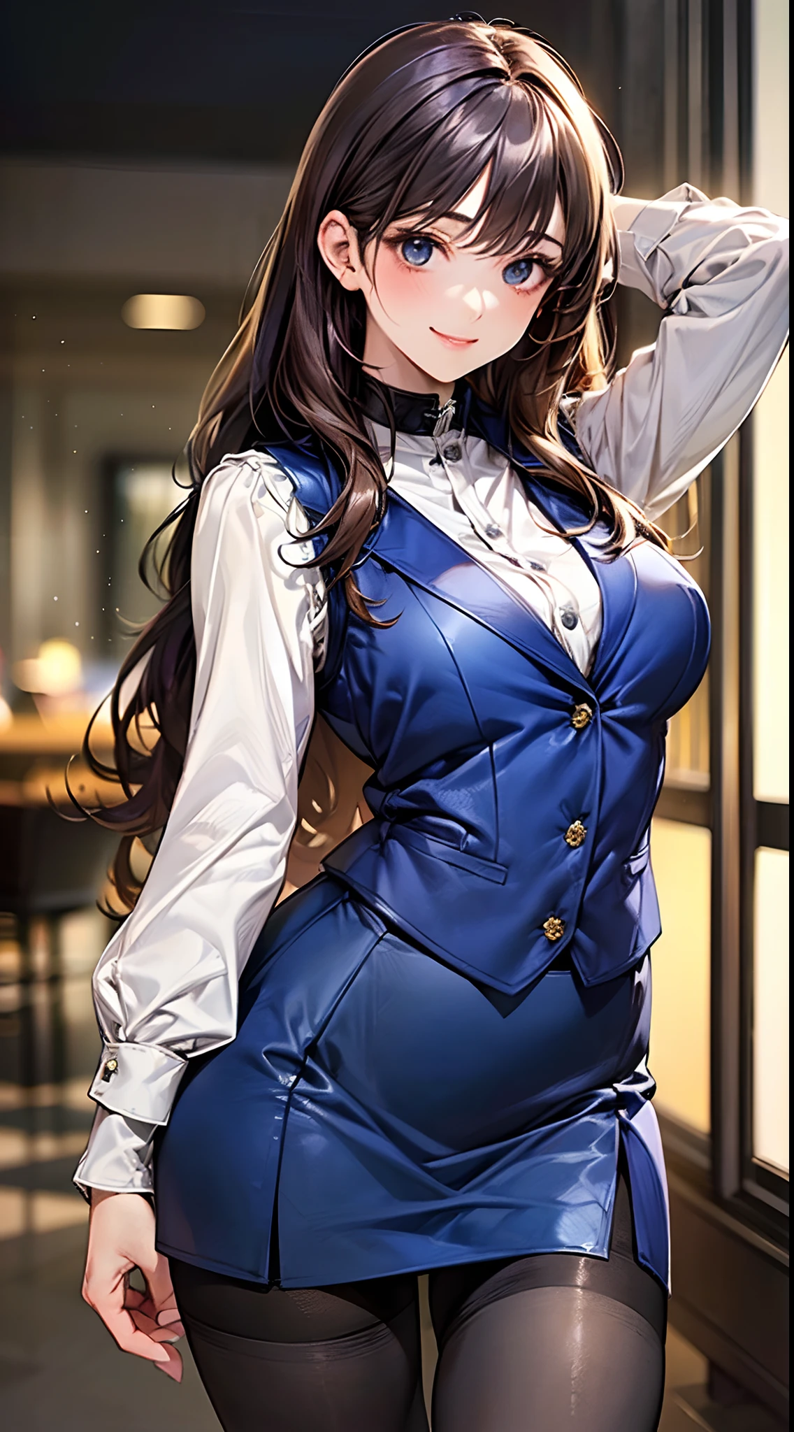 ((((perfect anatomy, super detailed skin)))), 1 girl, japanese, 17 years old, (detailed ultra-oily shiny skin:1.1), watching the view, (smile:1.5),
beautiful hair, beautiful face, beautiful detailed eyes, (long hair:1.4, straight hair:1.7), brown hair, (beautiful large breasts:1.3),
beautiful clavicle, beautiful body, beautiful chest, beautiful thigh, beautiful legs, beautiful detailed fingers, five fingers, babyface, , breast,
((long sleeves white shirt with collar and buttons, (beautiful dark blue suit vest:1.4, dark blue tight skirt:1.4, black pantyhose:1.3), oily shiny thigh-highs, extremely sexy, crotch, seductive thighs, camel toe)),
(beautiful scenery), receptionist, department store, service counter, beautiful sister, sexy pose, standing, stretch,
(8k, top-quality, masterpiece:1.2, extremely detailed, , ), (photorealistic), beautiful illustration, cinematic lighting,