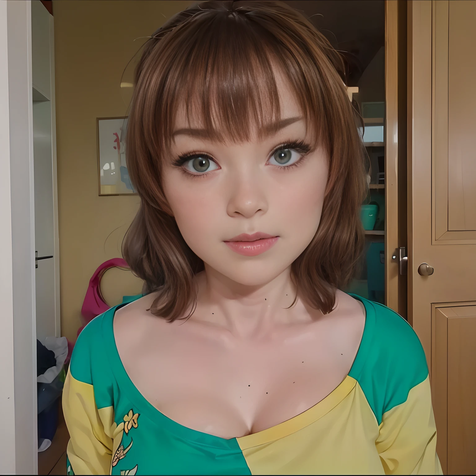 Imagem anime 2k anime tintas e tonalidades coloridas ,, ,(( rosto de anime 4k )) ((cabelo verde )) de OLHOS verde brilhante,corpo sedosa e sexy biquini ,ilulu ,4uma obra de art 2k , roupa ((meia calsa meiq camiza ,peitos por fora , cenario com qualidade com quadrinhos mostrando a palheta de cor da sua pele 2k anime Kobayashi,ilulu