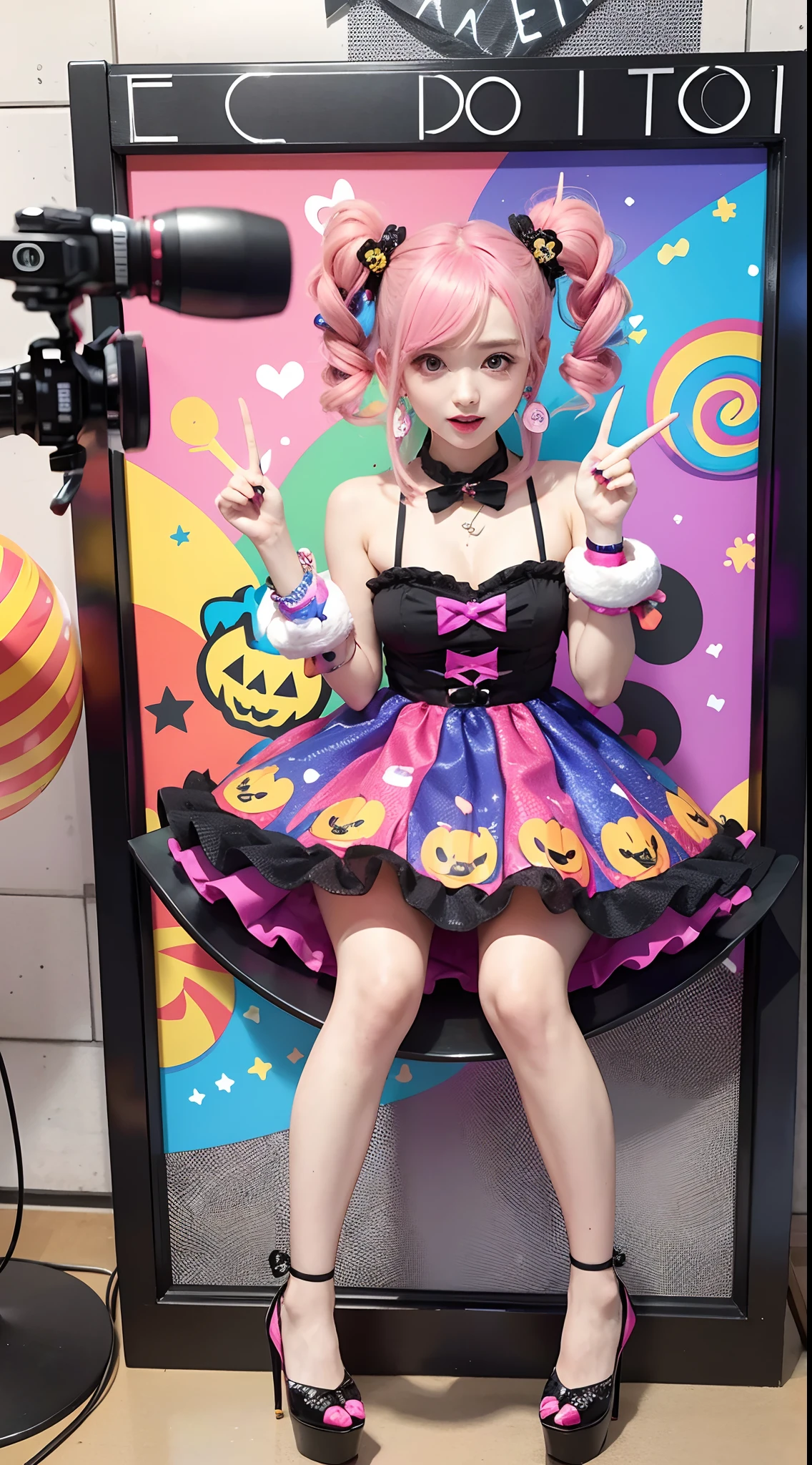 masutepiece、top-quality、Professional filming、full body Esbian、high-class sense、Girl in candy print pop dress、colourful hair、Perfect Style、18year old、Holding candy in hand、Candy toys and colorful jewelry are also here and there、Katyusha like twisted candy、Earrings with ice cream charm、Cute and exclusive high heels、Cute Pose、Halloween Party