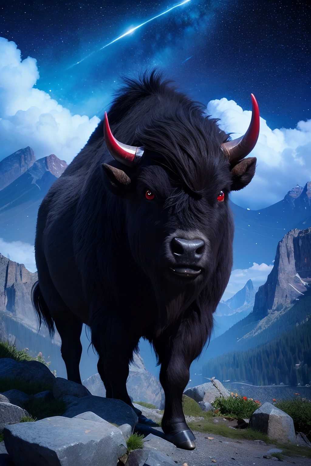 (dark night, starry sky:1.5), (rocky mountains, cloud:1.3), (one buffalo:1.2), full body, (red eyes:1.5), finely drawn face, (elegant with black horn), tail