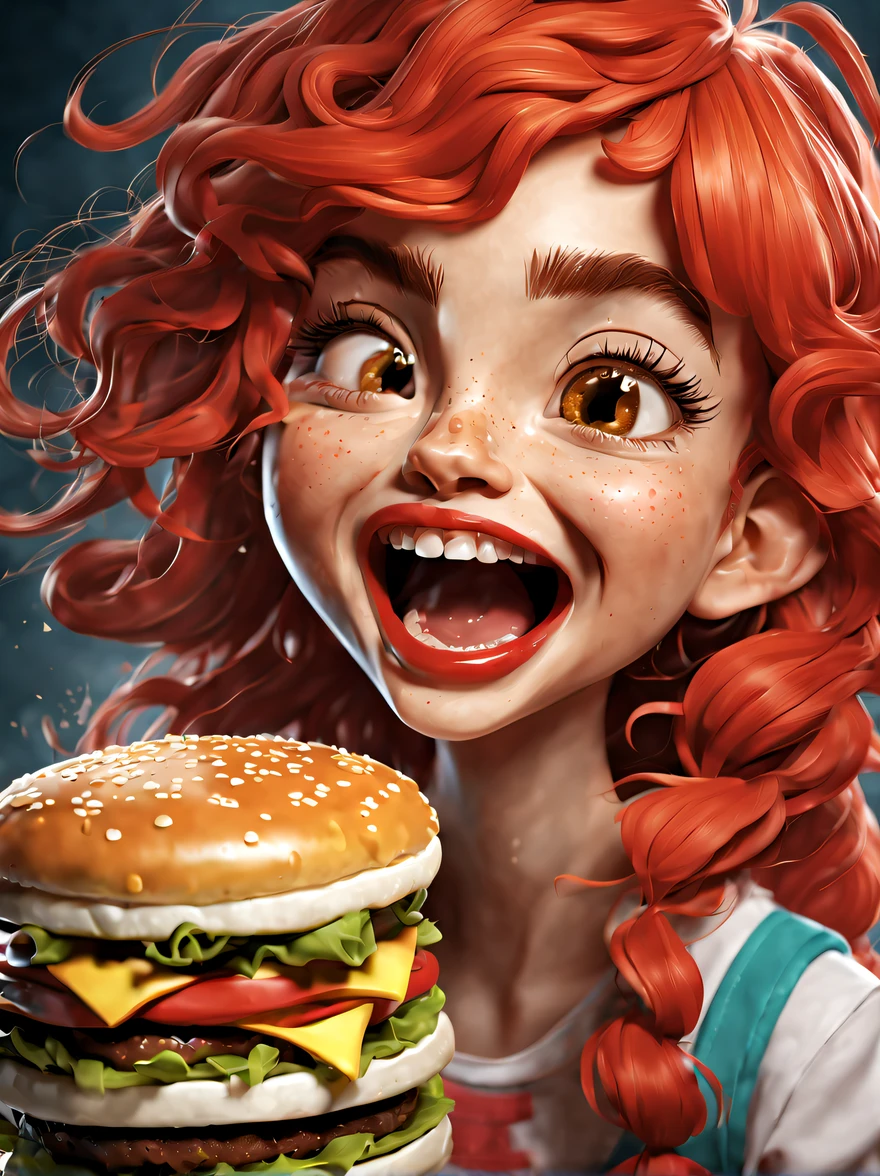 (Close-up of big mouth girl eating Big Mac burger), (Open your red mouth), (No broken hands: 1.2), golden curly hair, Happy expression, Exaggerated expression,
deep dark background, High-quality photos, Delicate skin,, Studio photos, (Lots of smoke: 1.2), Smoke,,close up photograph,Clear facial features,concept art of character,Exaggeration, ,Cartoon,kawaii,wave ,Photorealism,rendering by octane,corona rendered,Quixel Megascans Render,High detail,hyper qualit,high resolution,hyper photorealism,trending on artstationh,8K16K,Close-up(CU),Close up, --Original style