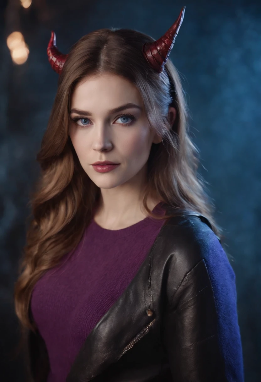 Girl with long hair on the right side, red, black and purple and very dark blonde on the left side, with a devil's horn on her head on the right side, blue eyes, pale purple sweater on one side and a black leather outfit on the other side, background with purple flames