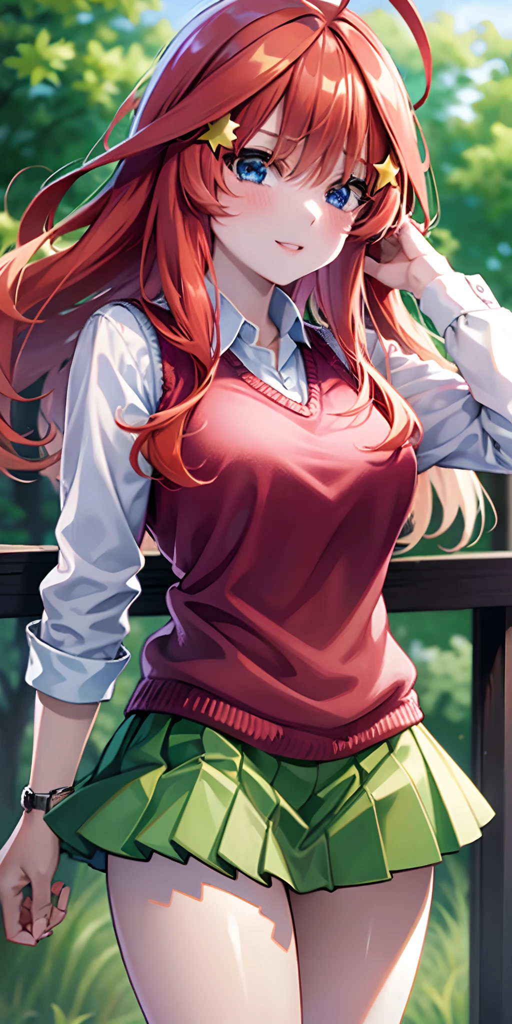 ultra-detailed, Best Quality, Anime, Highly detailed, 1girl in, Solo, Cowboy Shot, Itsuki Nakano, Red hair, Long hair, Star hair ornament, Ahoge, Red Sweater, Collared shirt, Green skirt, very short miniskirt, medium breasts, Standing, School, Outdoors, best smile, skirt lift by yourself,pigeon-toed, showing panties, floating hair, wind,