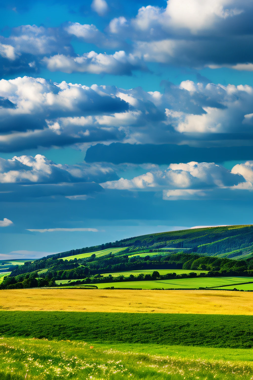 steppe landscape,blues sky and clouds, green forest, Dingdall effect,a country road,Colorful hot air balloons,high quality desktop wallpaper, verdant forest, detailed fields nature, beautiful english countryside, Stunning landscape, Rolling hills, Landscape wallpaper, lush countryside, Patches of green forest, breathtaking landscape, green fields in the background, High quality wallpaper, Beautiful wallpaper