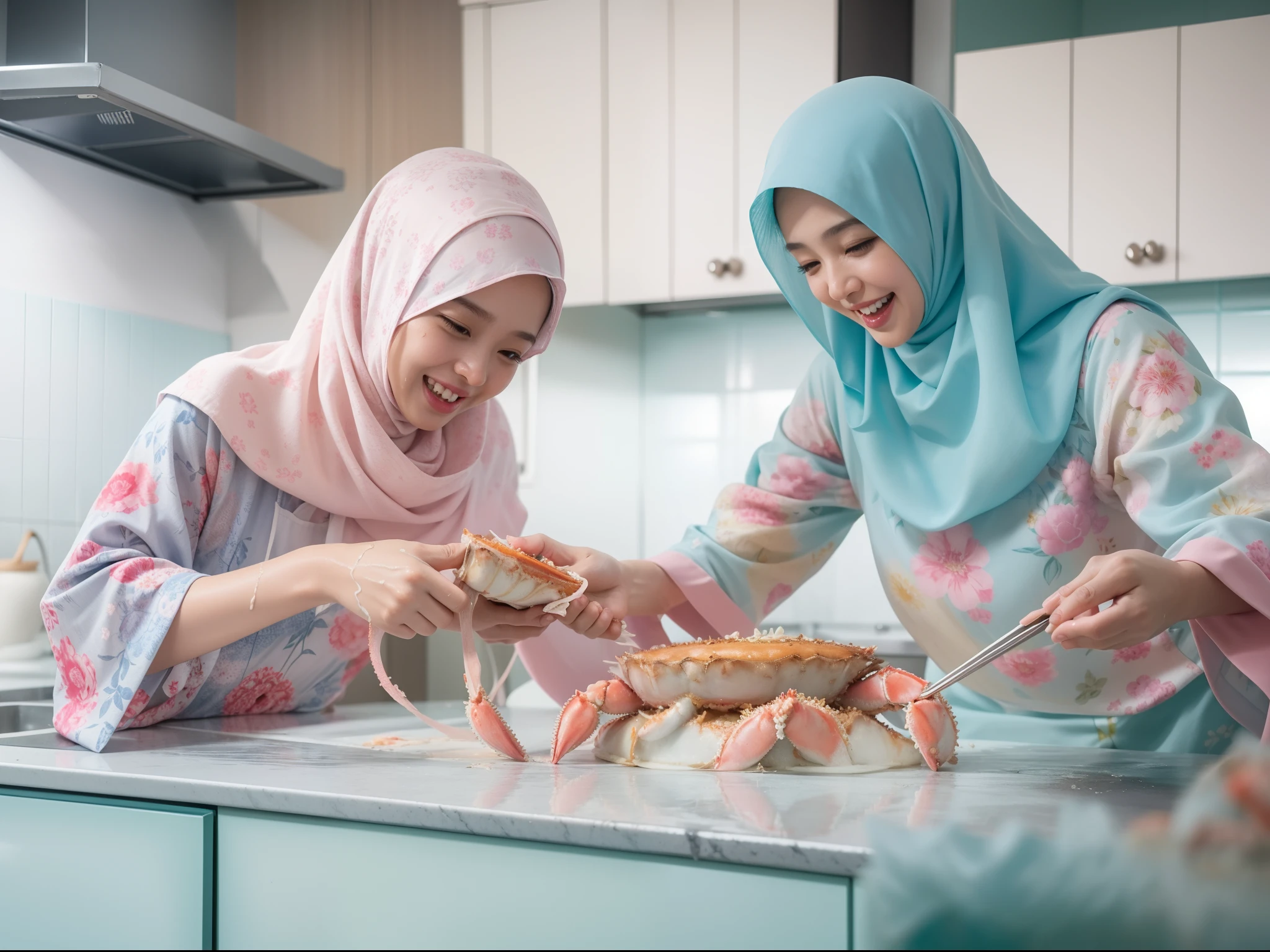 2 beautiful malay girl in pastel color hijab cooking very big king crab, wear pastel blue and white floral pattern baju kurung, lively moving king crab, shock, funny and clumsy situation, laughing, happy, messy kitchen, wet kitchen and cloth, detailed skin texture, soft lighting, pastel color theme, high quality, movie shot framing, ultra detail, 8k,