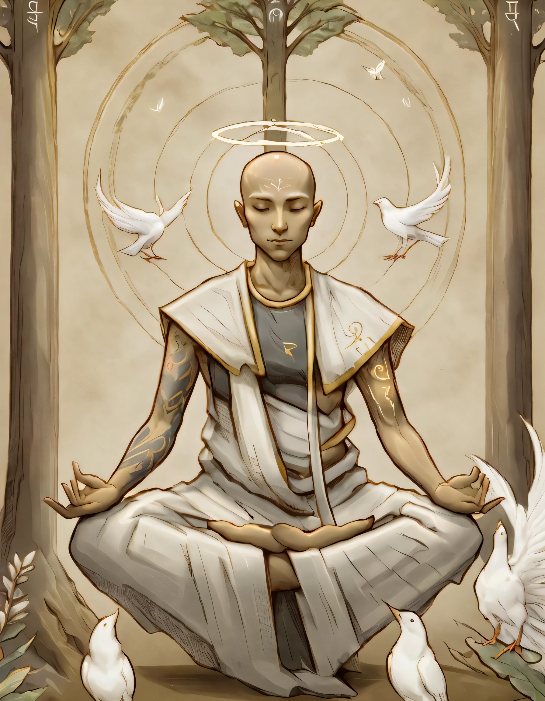 rtl1 man, bald, meditation, white birds, tree, halo, symbols