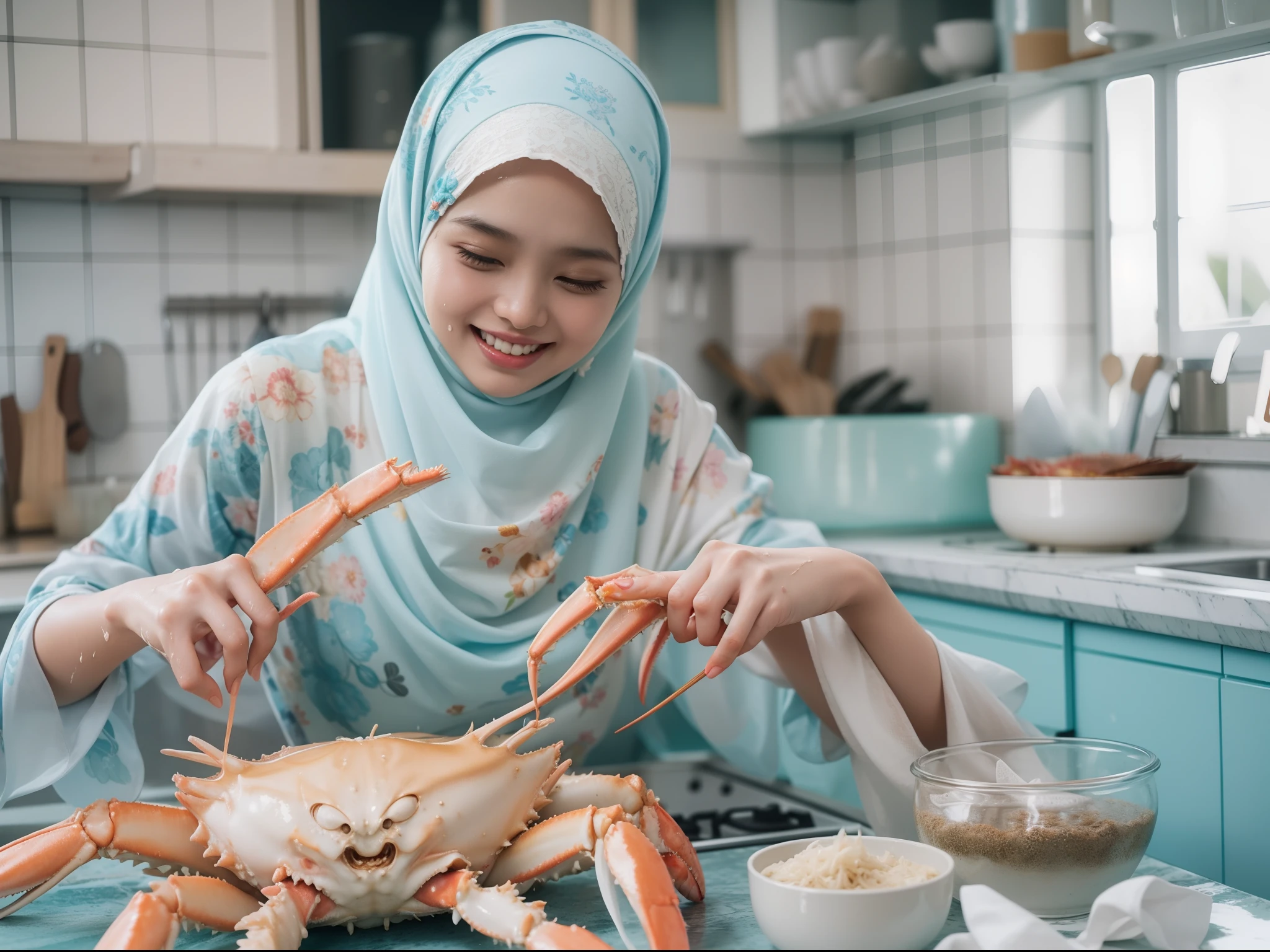 2 beautiful malay girl in pastel color hijab cooking very big king crab, wear pastel blue and white floral pattern baju kurung, lively moving king crab, shock, funny and clumsy situation, laughing, happy, messy kitchen, wet kitchen and cloth, detailed skin texture, soft lighting, pastel color theme, high quality, movie shot framing, ultra detail, 8k,