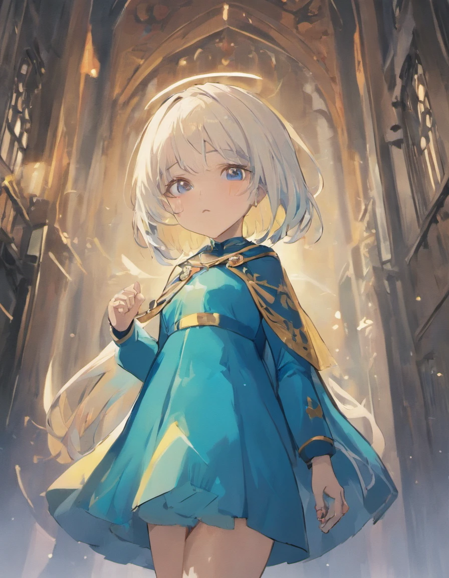 white color hair,,blue capelet,Light green berets,whiteskirt,Holy,chies