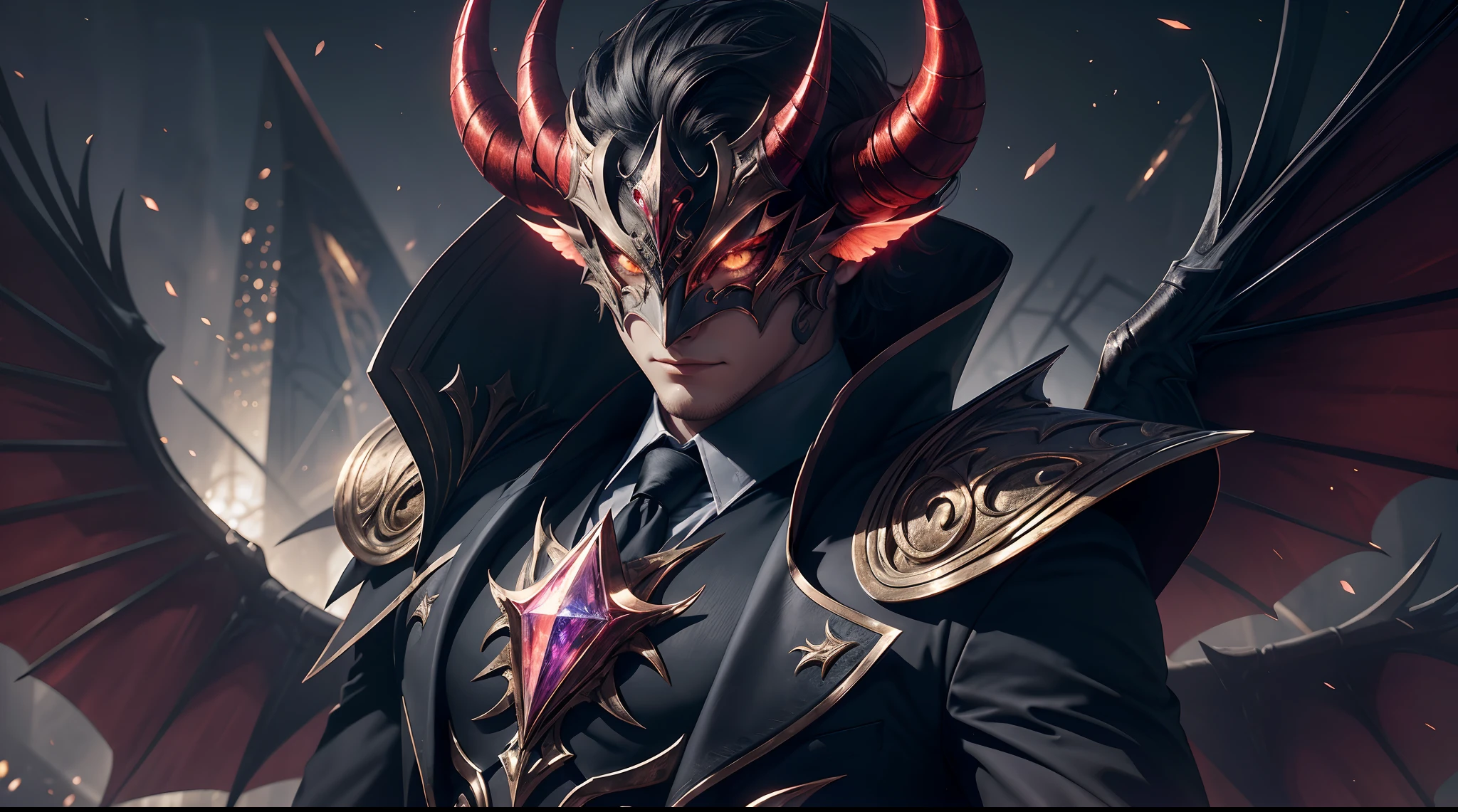 ultra-detailed close-up artwork of the masquerade devil in a stylish suit, whiteeyes, horns, 2wings, high quality textures, best quality, ultra-high 12k resolution, masterpiece, evil aura, bloom, geometric shadows, light particles, glowing lights,