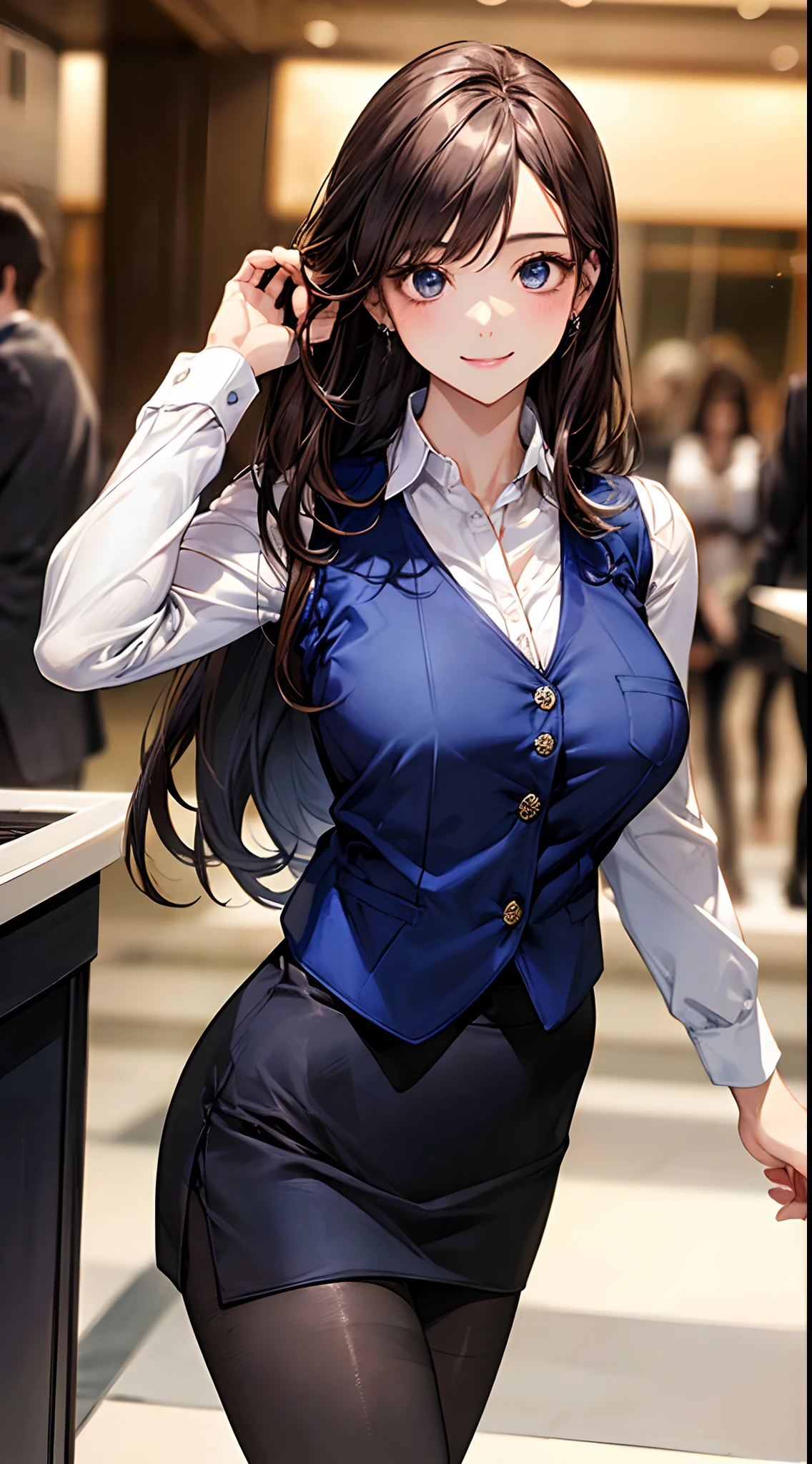 ((((perfect anatomy, super detailed skin)))), 1 girl, japanese, 17 years old, (detailed ultra-oily shiny skin:1.1), watching the view, (smile:1.5),
beautiful hair, beautiful face, beautiful detailed eyes, (long hair:1.4, straight hair:1.7), brown hair, (beautiful large breasts:1.3),
beautiful clavicle, beautiful body, beautiful chest, beautiful thigh, beautiful legs, beautiful detailed fingers, five fingers, babyface, , breast,
((long sleeves white shirt with collar and buttons, (beautiful dark blue suit vest:1.4, dark blue tight skirt:1.4, black pantyhose:1.3), oily shiny thigh-highs, extremely sexy, crotch, seductive thighs, camel toe)),
(beautiful scenery), receptionist, department store, service counter, beautiful sister, sexy pose, standing, stretch,
(8k, top-quality, masterpiece:1.2, extremely detailed, , ), (photorealistic), beautiful illustration, cinematic lighting,