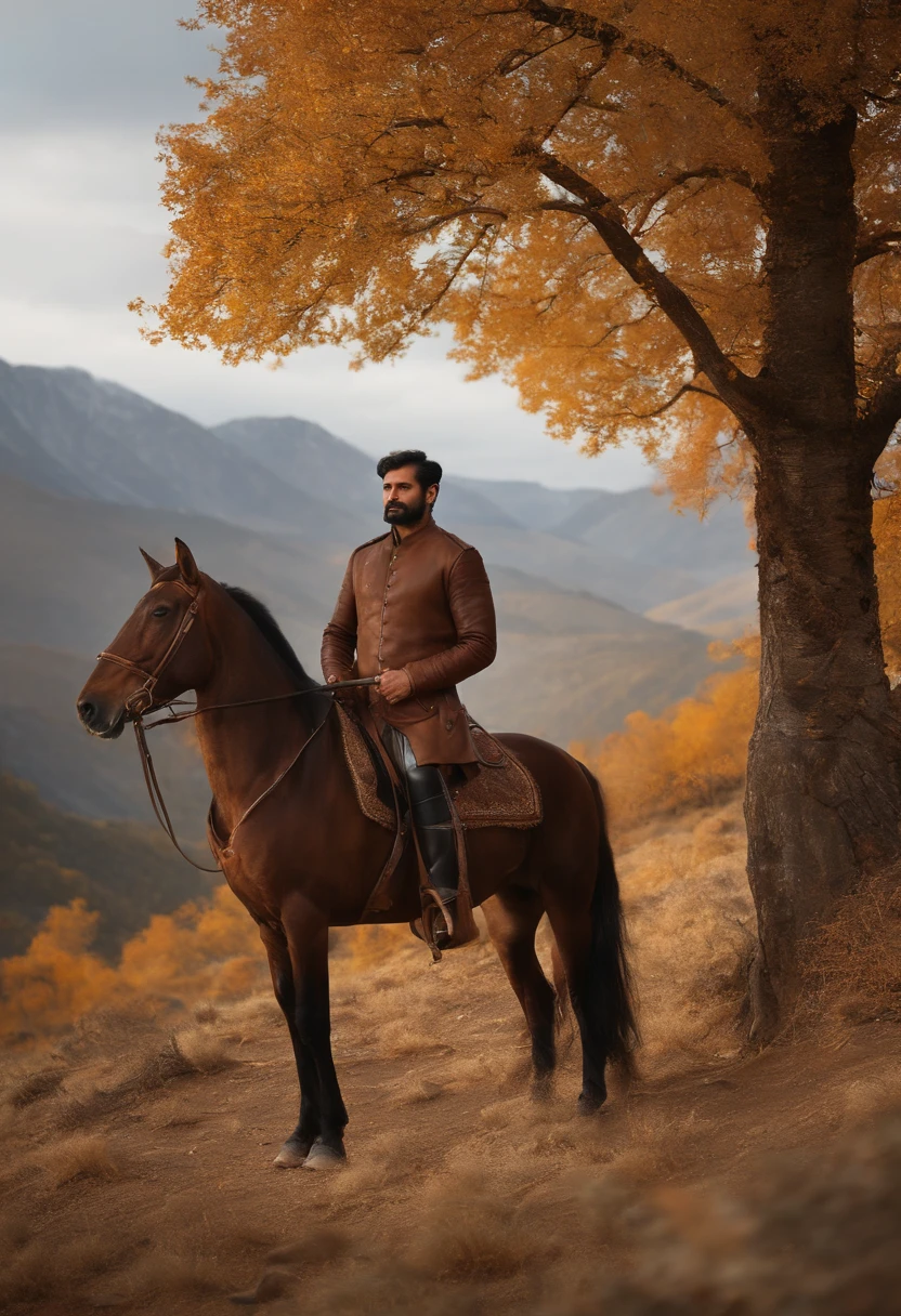 a 30 years old Pakistani man with an arch in his hand, a hunter in the forest, all dressed in brown leather and brown furs, leather trousers, leather jacket, holding a hunting arch in one hand and a hunting horn in the other hand, standing, full body picture, with a black horse and a black hound dog, high resolution, hyperdetailed, hyperrealistic, sharp focus, photo-realistic, intricate details,