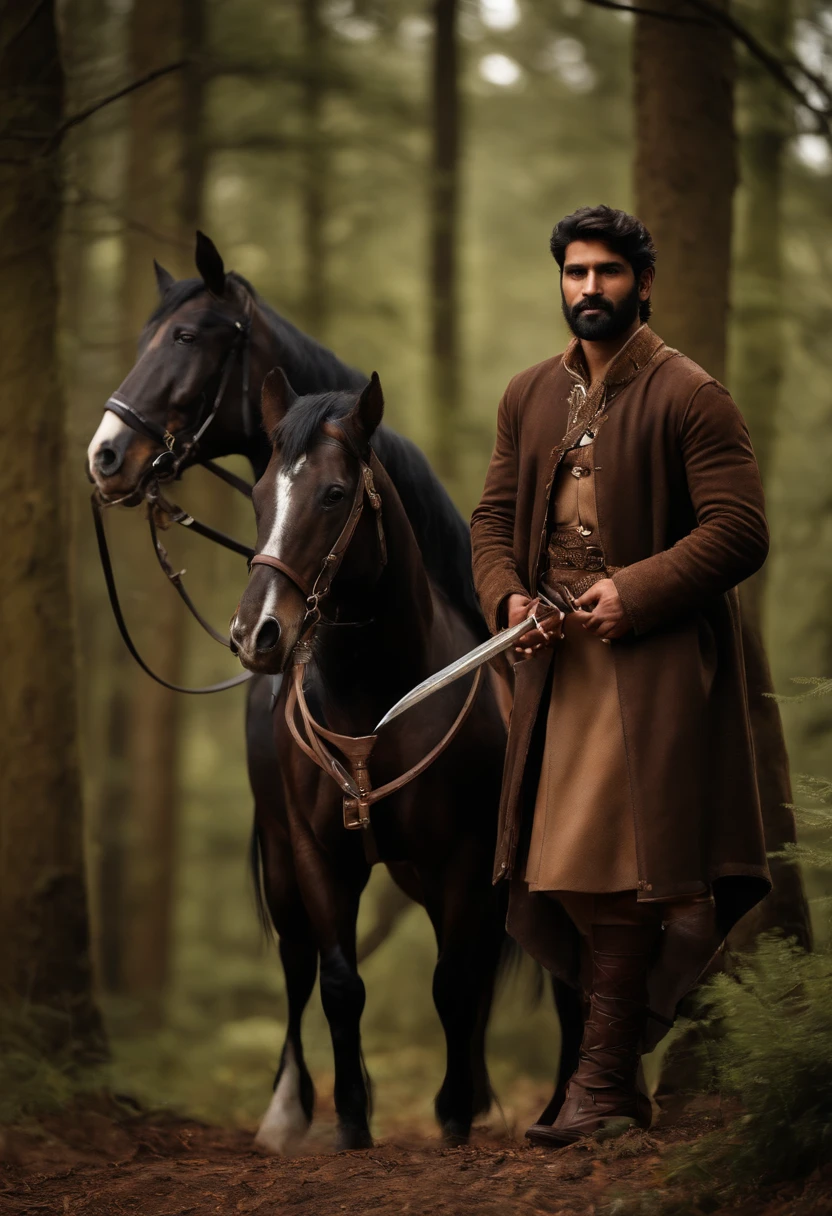 a 30 years old Pakistani man with an arch in his hand, a hunter in the forest, all dressed in brown leather and brown furs, leather trousers, leather jacket, holding a hunting arch in one hand and a hunting horn in the other hand, standing, full body picture, with a black horse and a black hound dog, high resolution, hyperdetailed, hyperrealistic, sharp focus, photo-realistic, intricate details,