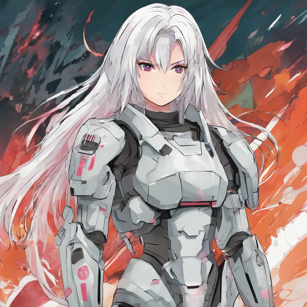 1girl as female in camouflage suit armor, shoulder pad, pike, solo, hand behind her back , long white hair, torso shot, perfect anatomy, large breasts, long hair, front view, shortstackBT, looking angry, in HNKstyle, 80's anime