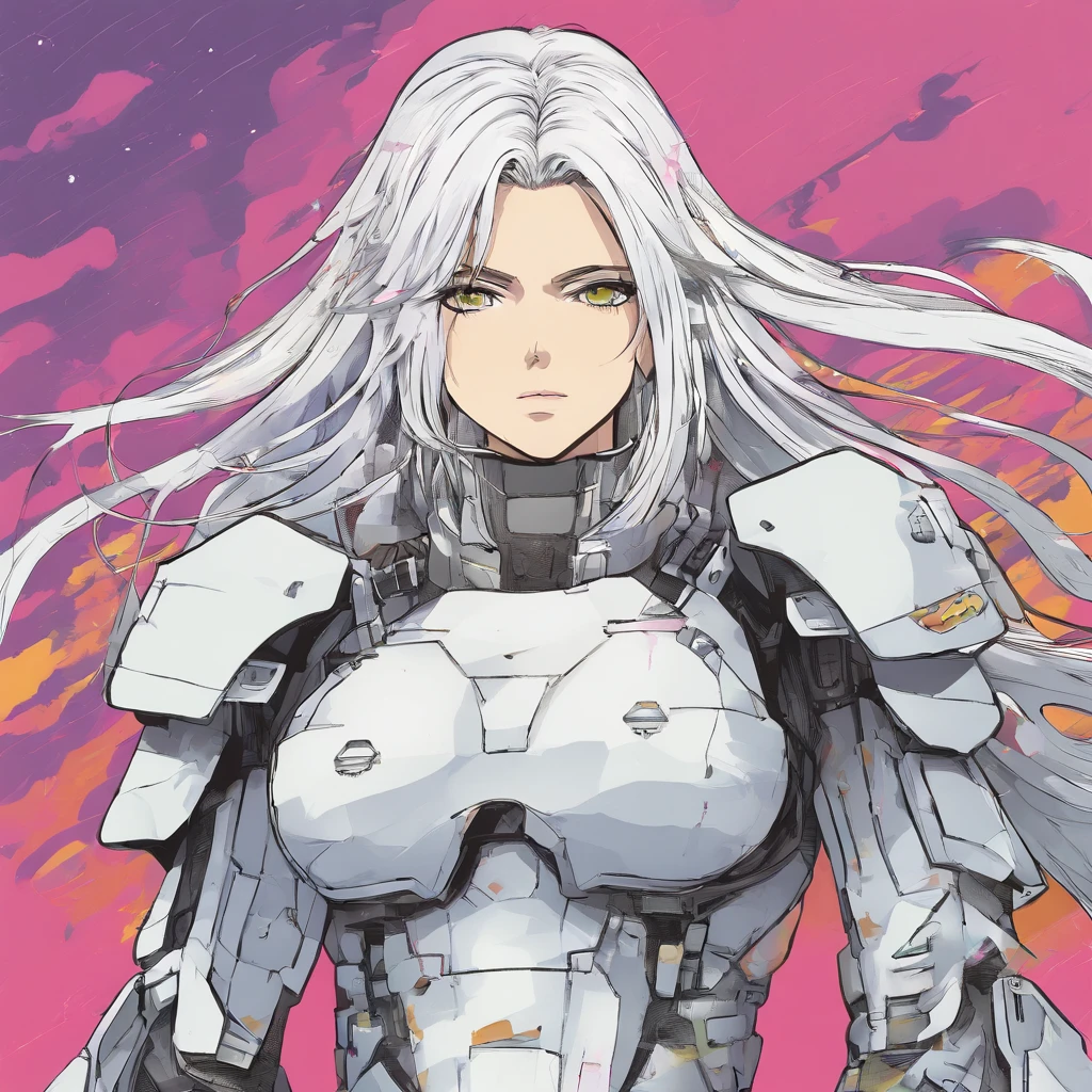 1girl as female in camouflage suit armor, shoulder pad, pike, solo, hand behind her back , long white hair, torso shot, perfect anatomy, large breasts, long hair, front view, shortstackBT, looking angry, in HNKstyle, 80's anime