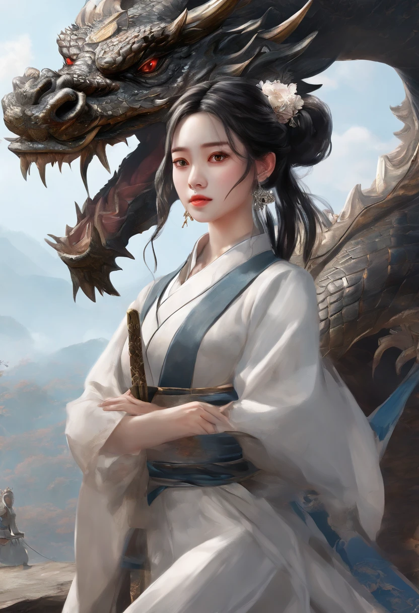(masterpiece:1.2),1 girl,black hair bun,cold face,ponytail,(front),best quality,letterboxed,illustration,(An eighteen-year-old girl stood in front of the dragon with a sword:1.3),Panoramic view,Whole body,Expose thigh,(Elegant clothes:1.1),(Look from below:1.3),ZHENBANQIAO,BADASHANREN,.