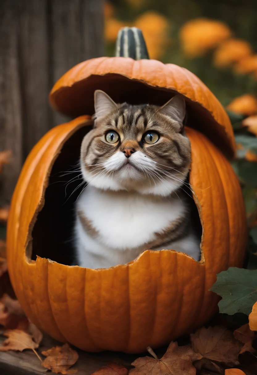 Araffe cat in a pumpkin shaped pumpkin sitting on leaves - SeaArt AI