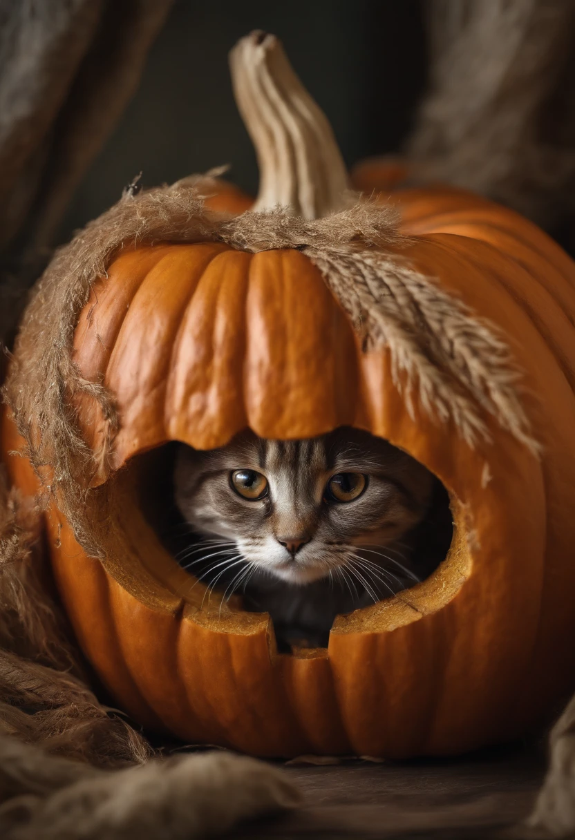 In a photo of a realistic cat Scottish Fold mysteriously peeking out from inside a carved pumpkin、beard is twitching.