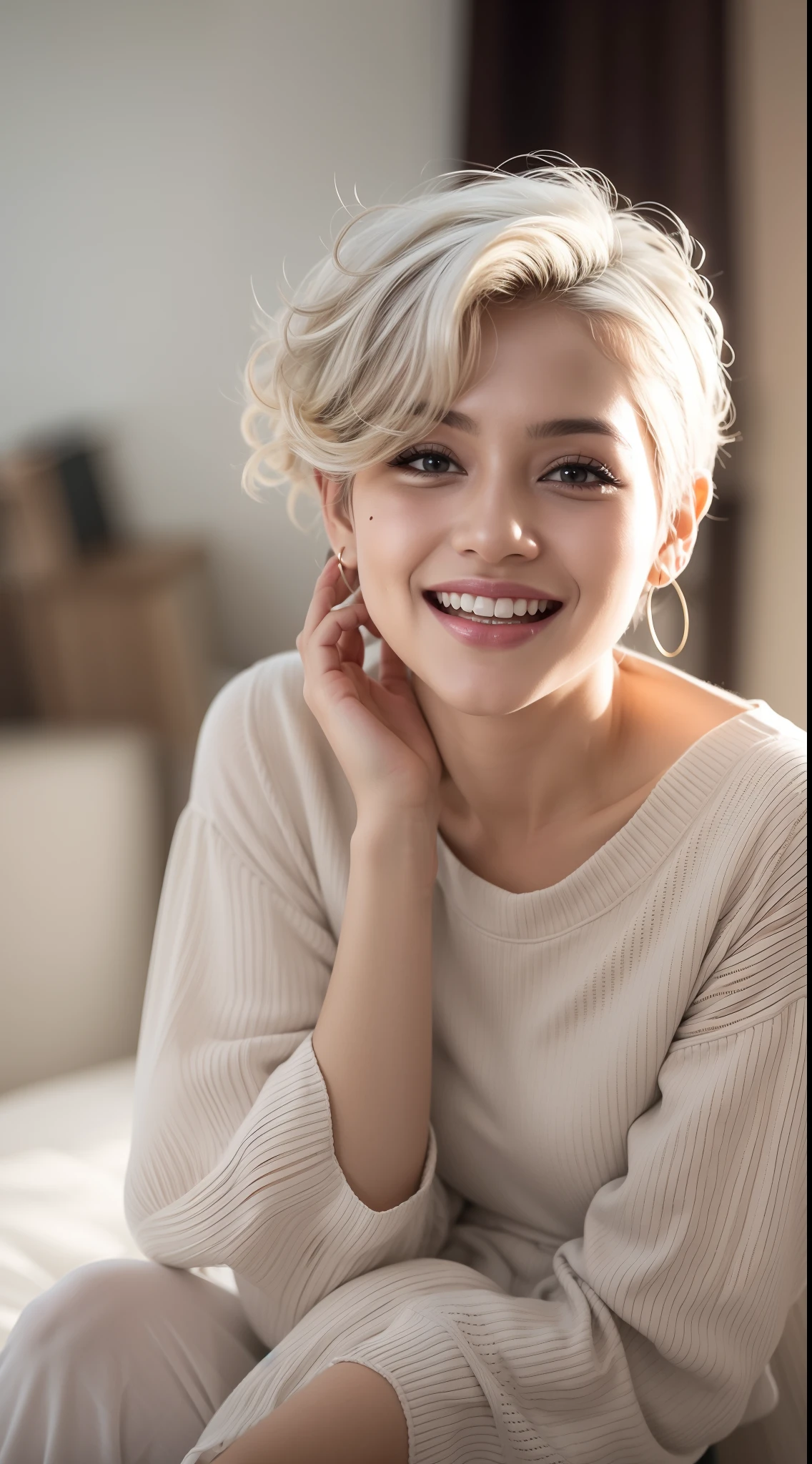 Malay girl, very short white hair, Sculpted curl Pixie cut hair, curly hair, Long loose pants and loose full sleeved tops, modest outfit, happy pose, front view, windy, detail skin, age spot, detail skin texture, mole below eyes, small breast, flat chest, wide hips, small waists, thick thighs, slim abs, beautiful body, nighttime, laughing, happy, bright lighting, white hotel living room, blur background, bokeh,