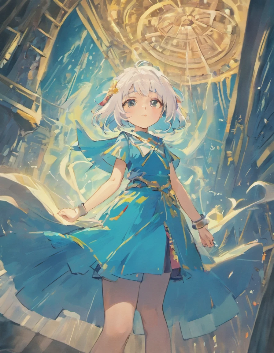 White color hair,Girl child,blue capelet,Light green berets,a white long skirt,Holy,chies,Living,earth,a plant,maternal
