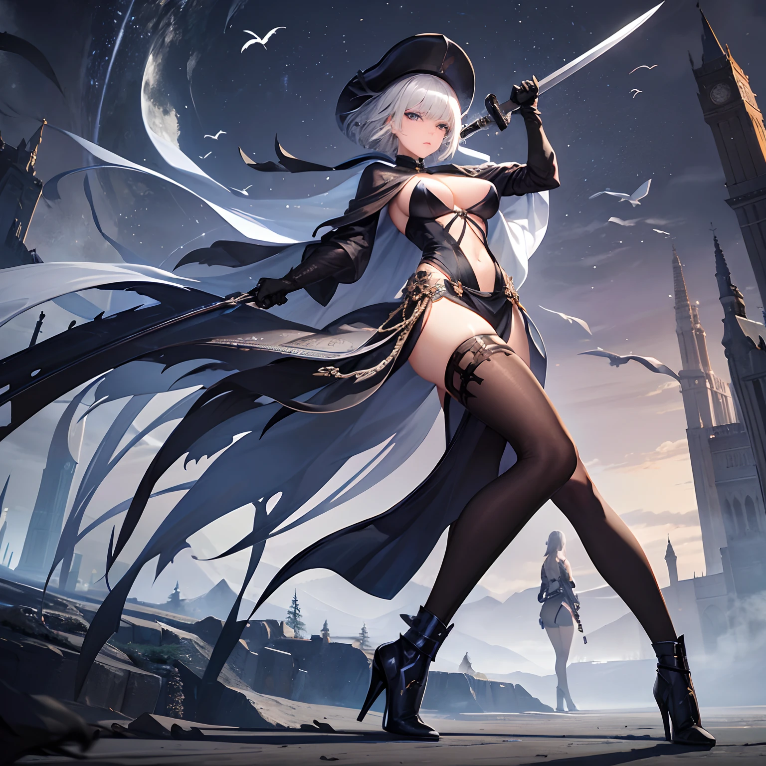 High quality, cool beauty, beauty, adult atmosphere, beautiful silver hair, short hair, bangs, Russian-style beauty, beautiful legs, tight beautiful breasts, women are posing and have two swords on her side 1 girl, hat, weapons, gloves, solo, blue eyes, high heels, high heels boots, chains, birds, moon, silver hair, boots, crows