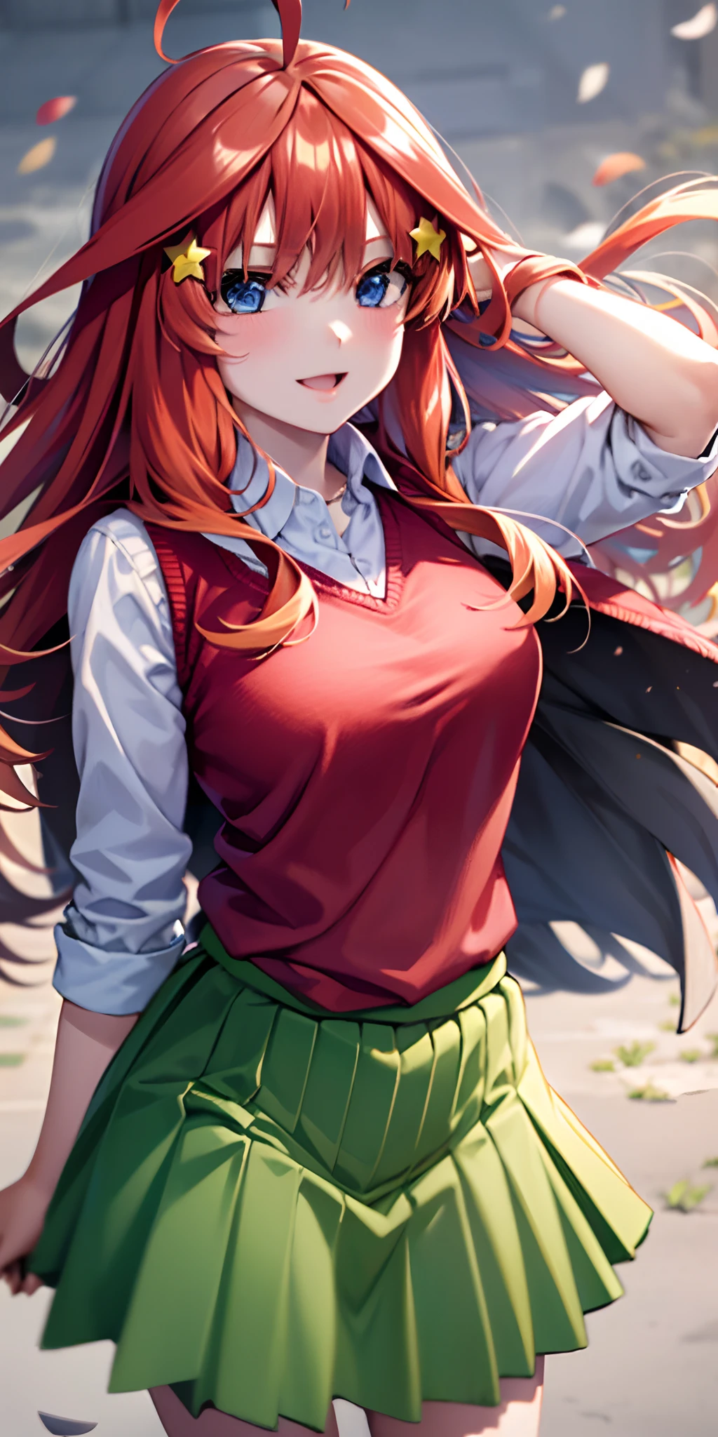 ultra-detailed, Best Quality, Anime, Highly detailed,extremely detailed CG, unity 8k wallpaper , 1girl in, Solo, Cowboy Shot, Itsuki Nakano, Red hair, Long hair, Star hair ornament, Ahoge, Red Sweater, Collared shirt, Green skirt, very short miniskirt, medium breasts, Standing, School, Outdoors, best smile, skirt lift by yourself,pigeon-toed, showing panties, floating hair, wind,