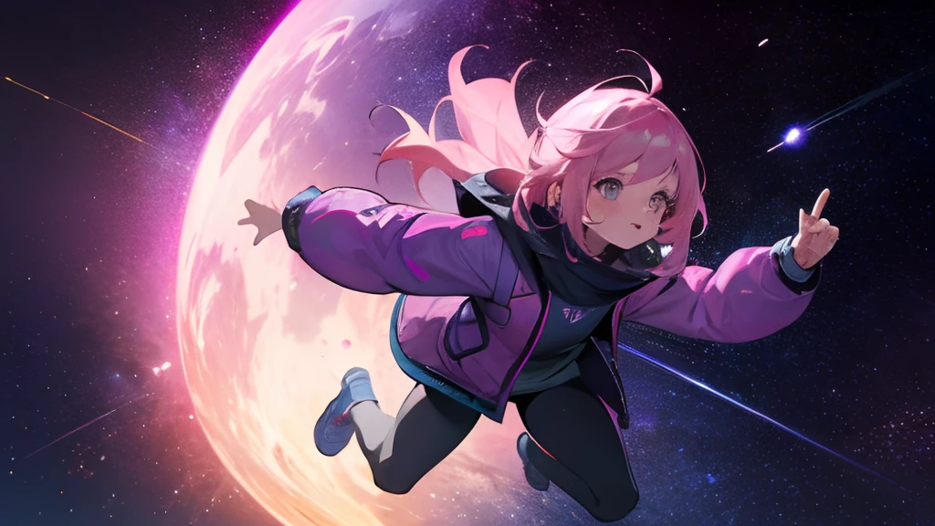 Space, nebula, stars, milky, 1 girl, pink hair, running jacket,