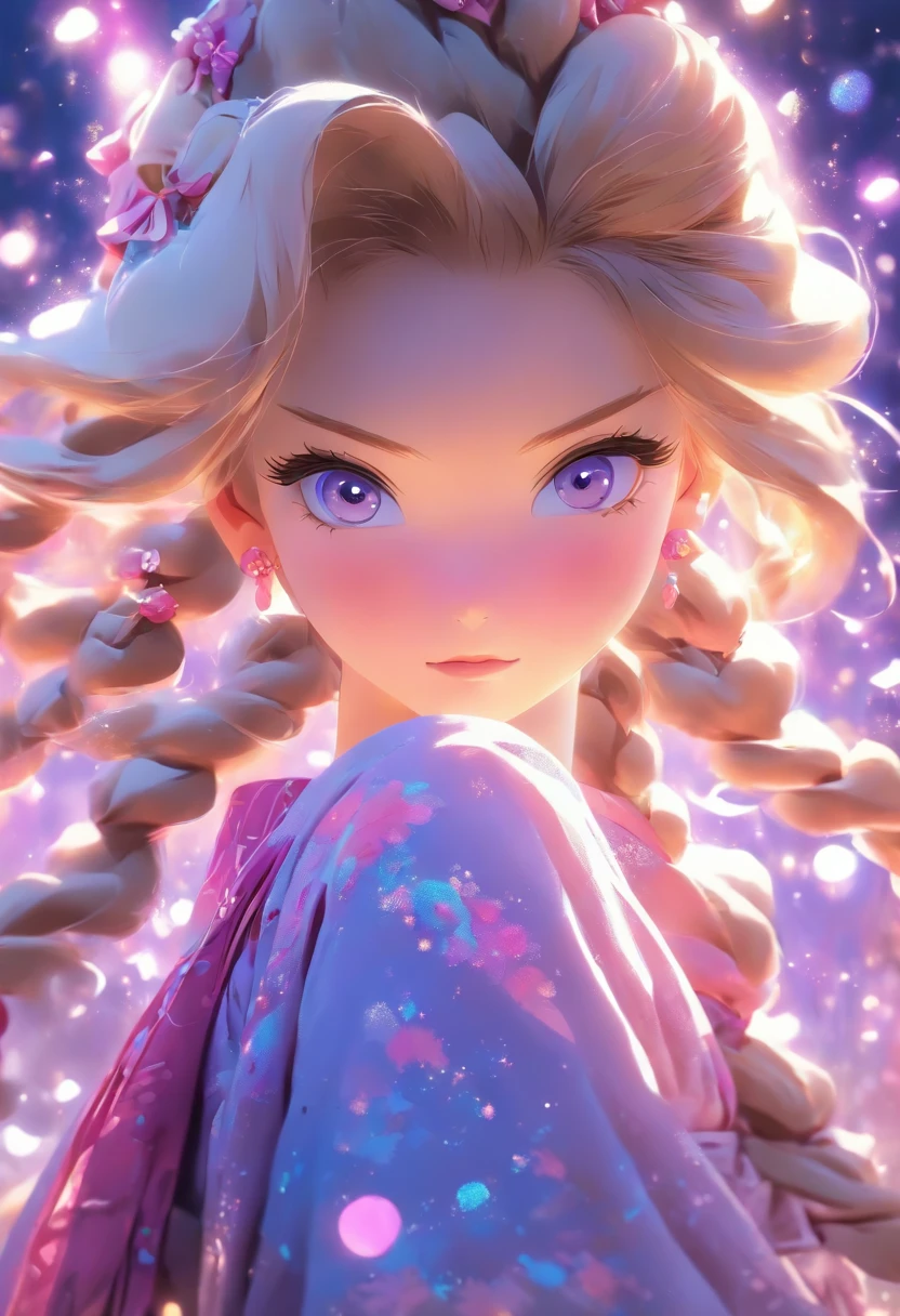 Girl with long dark blonde hair with front strands cut at her cheeks, blue eyes, purple background with light purple sparkles and pink spots of light, wearing a purple and pink hanbok with a tiny bit of blue