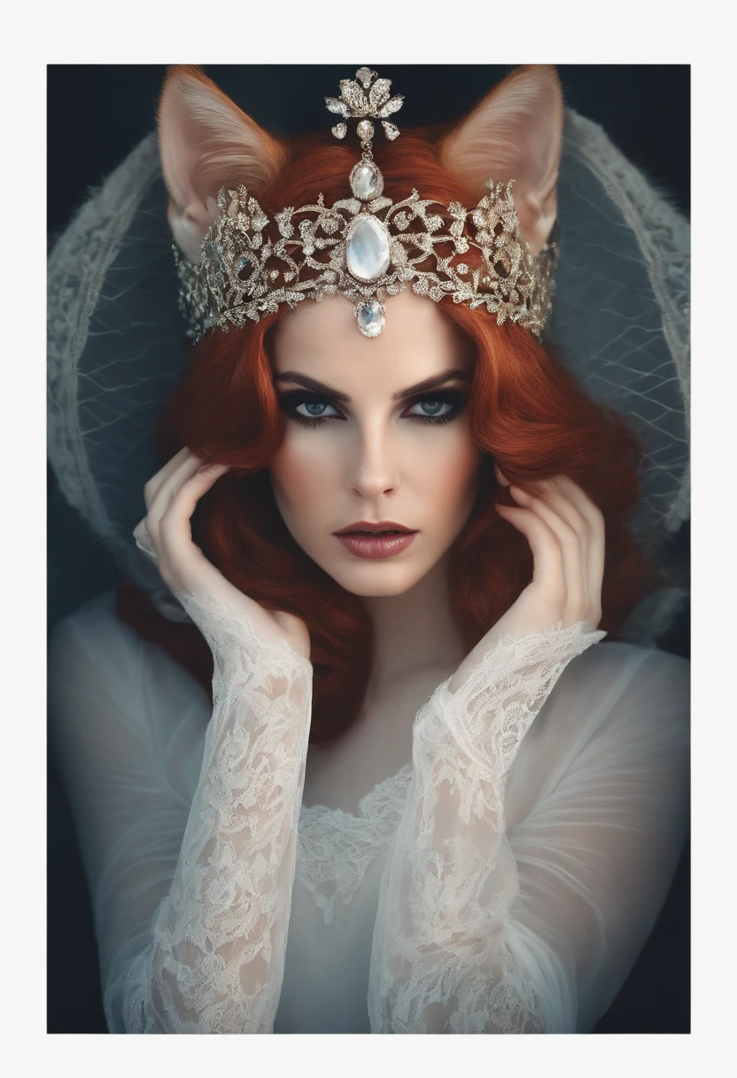 Highly detailed, Seductive erotic Lana del Rey with lace cat ears, Crying, (Busty, Red hair), face centered, Face Focused, intricately detailed eyes,