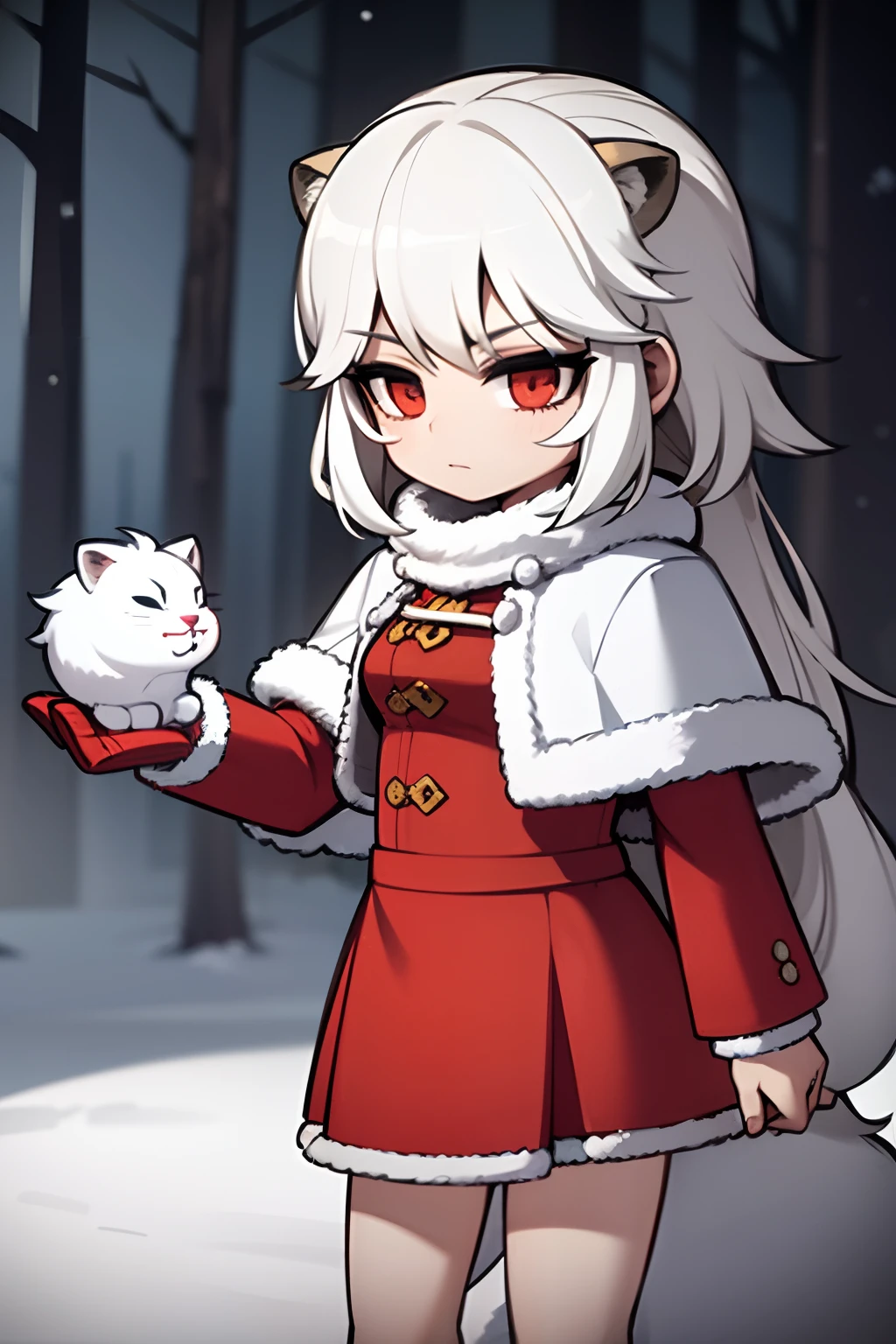 young girl, white hair, lion hair, wearing red coat, christmas coat, white fur, red hood, black skirt, in a snowly forest, 4k,