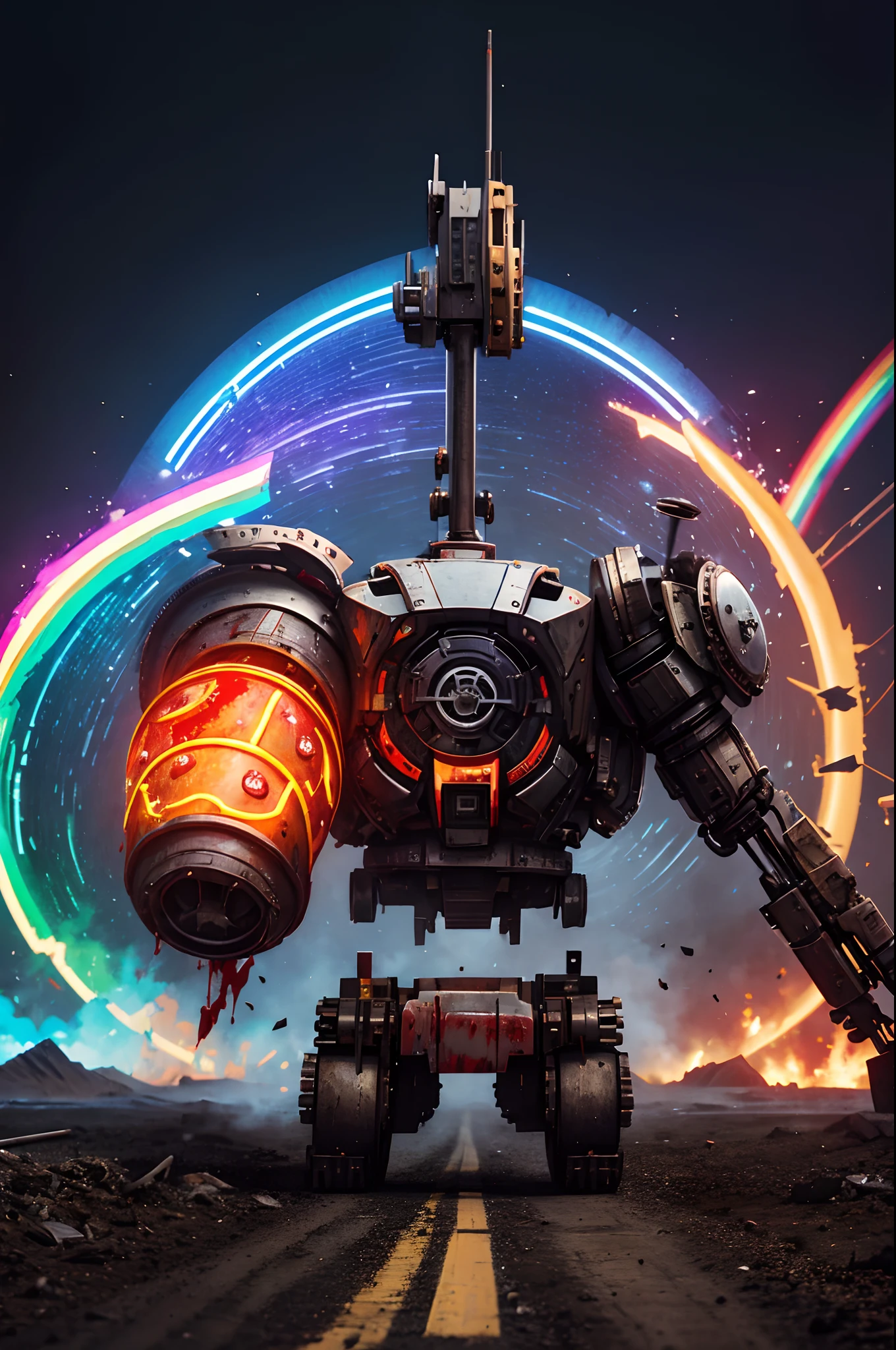 pixel sorted,Superhero anthropomorphic hamburger,Bring a helmet,(Blood Art:1.2),Bloodstained battle flags,Mechanize the body,Robotic arm,Broken mechanical parts,steampunc,Hamburger on black background,Metal polished bone painting,Various weapons surround the hamburger,Form different structures, breath-taking rendering, Magical rainbow elements,Splendid round rainbow combination,circular composition,Solo