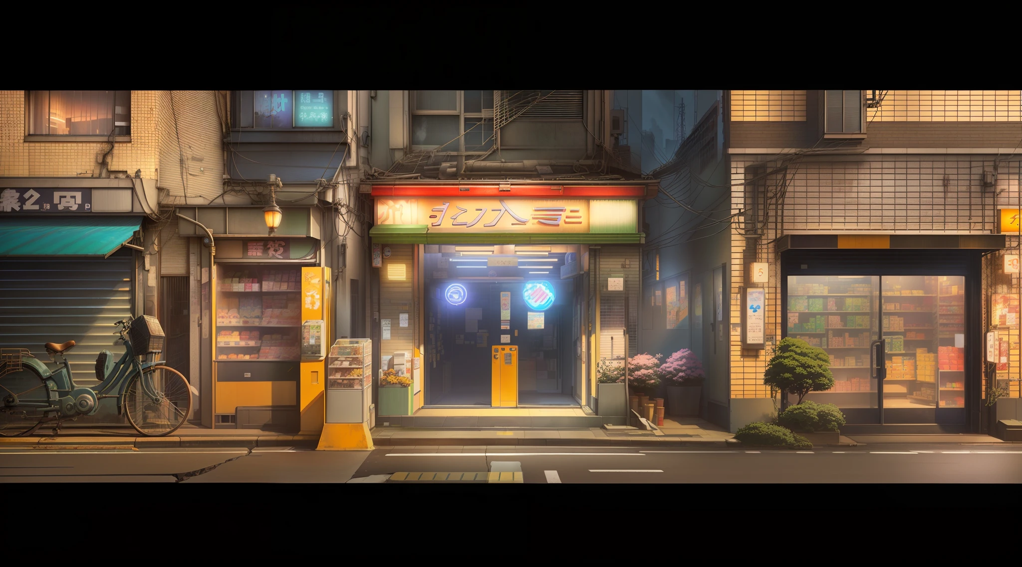 the front of a store, japan. volumetric lighting, ghibli, anime style, by makoto shinkai, pixar zootopia.2 d artwork, cracks on the walls, post-apocalyptic, high detailed store, tokyo anime scene, convenience store, tokyo futuristic and clean, realistic anime 3 d style