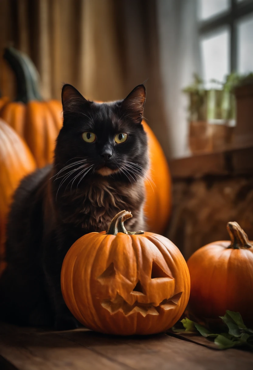 In a photo of a realistic cat with exotic short hair peeking out curiously from inside a carved pumpkin、beard is twitching.