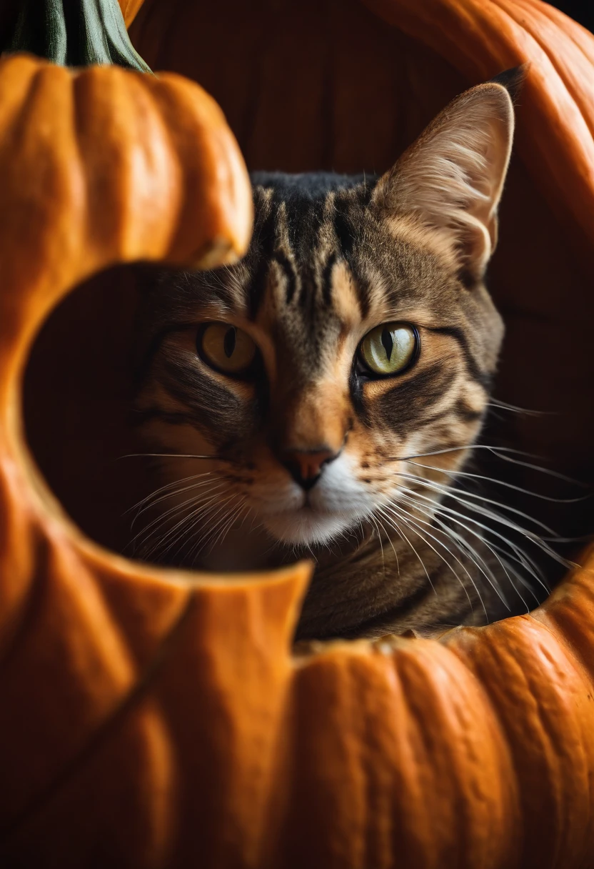 In a photo of a realistic cat with exotic short hair peeking out curiously from inside a carved pumpkin、beard is twitching.