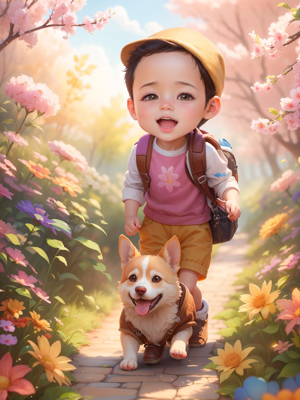 (best quality,4k,8k,highres,masterpiece:1.2),ultra-detailed,(realistic,photorealistic,photo-realistic:1.37),beautiful detailed eyes,beautiful detailed lips,extremely detailed eyes and face,longeyelashes,cute cartoon boy with dog walking on a pathway,charming digital painting,children's art in art station,cute digital art,cute and detailed digital art,digital cartoon painting, cartoon digital painting, by Yang J, by Ni Duan,cute detailed artwork,adorable young boy,author: Yang Borun,highly detailed digital painting,cute cartoon,sunny and cheerful day