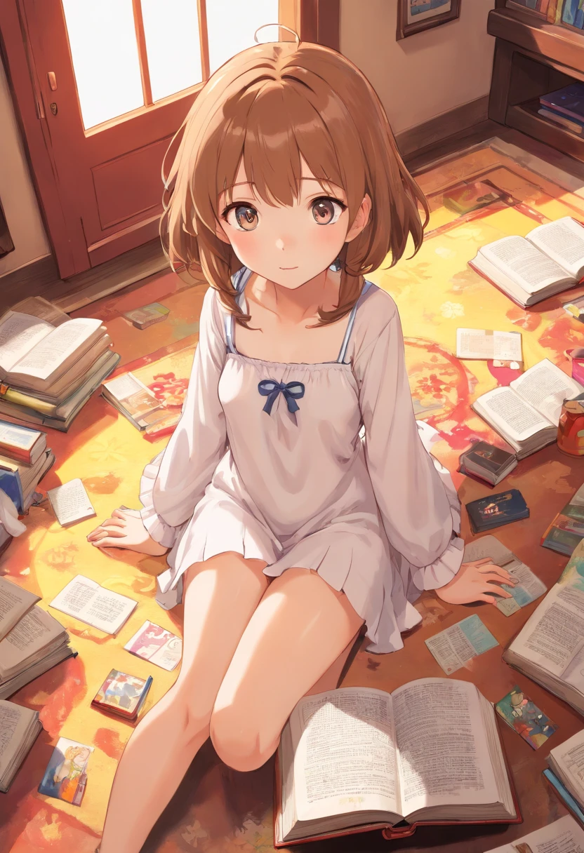 Cute ,Barefoot,Tummy down,head looking up,Raise your feet,shift dresses,no panties,largeeyes,Anime cute face,looking at book,Wet da