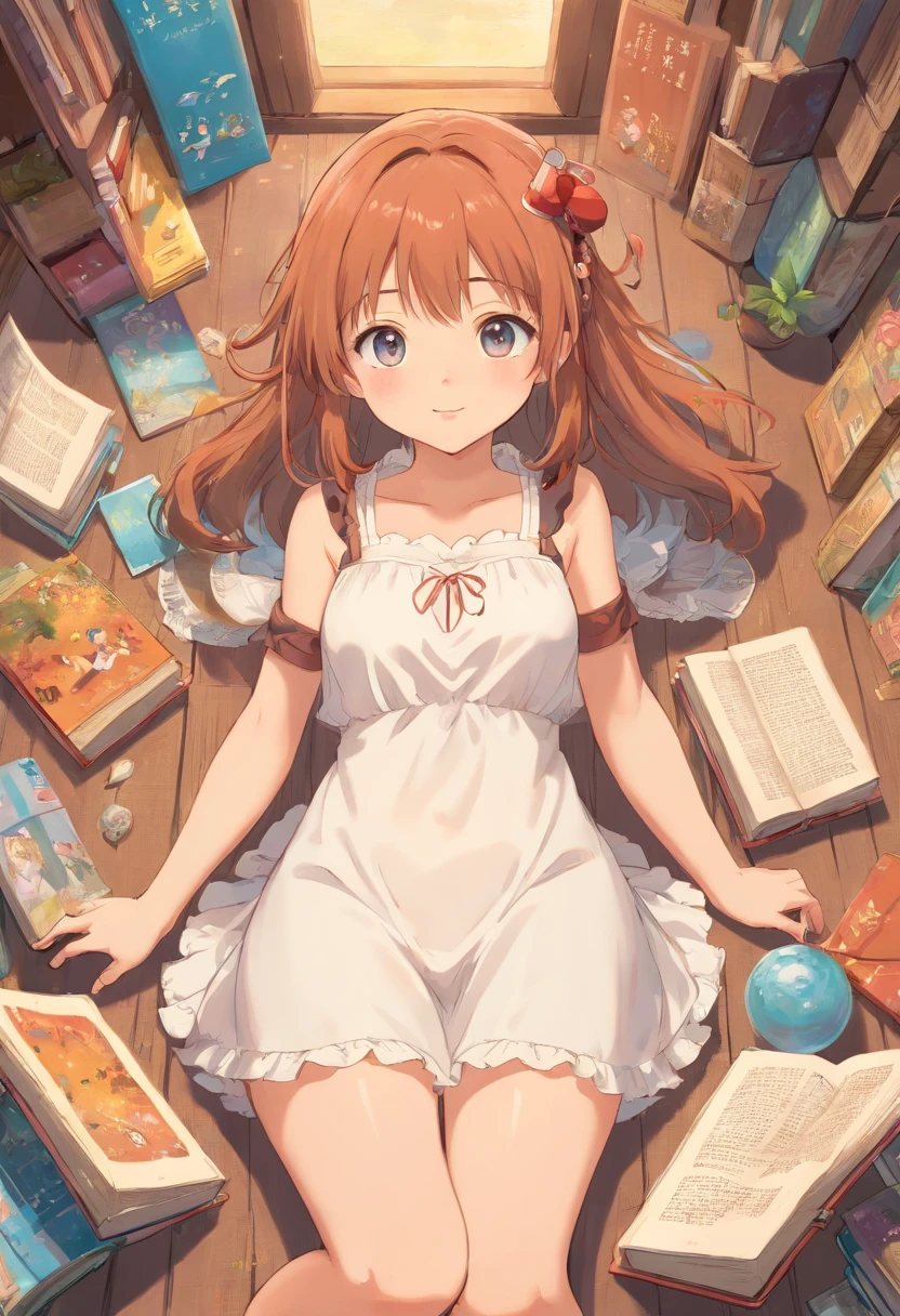 Cute loli，Barefoot，Tummy down，head looking up，Raise your feet，shift dresses，white panties，largeeyes，Anime cute face，looking at book，Wet da