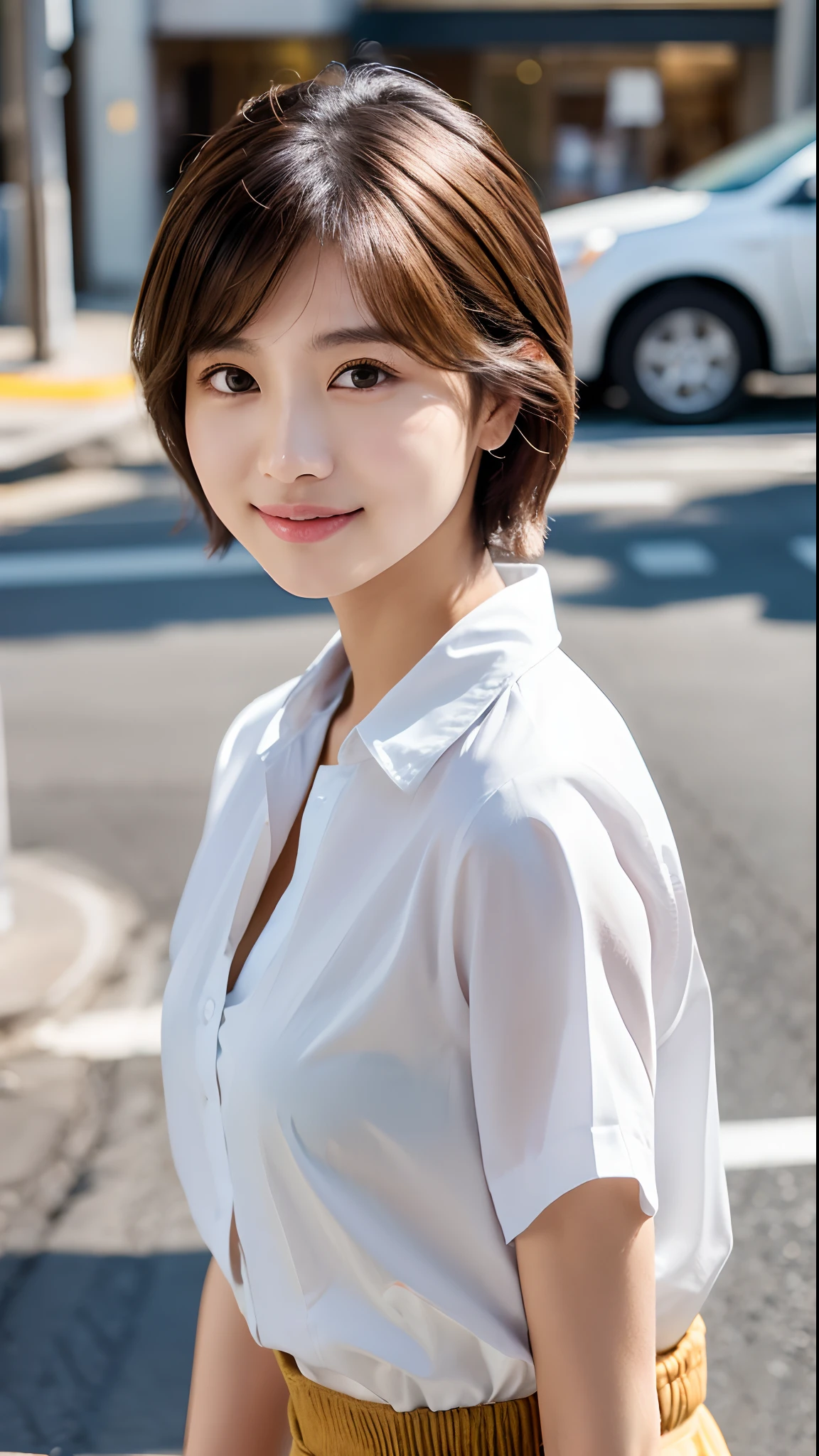 (8k、top-quality、masterpiece:1.2)、(realisitic、Photorealsitic:1.37)、Short-cut hairstyles 、Women in Japan、ultra-detailliert、 1 人、cute little、soio、Beautiful detailed sky、Detailed Cafe、natta、sitting on、date、(Nasal blush)、 (a smile:1.15),(Closed)small tits,Beautiful fineness,(shirt with collar:1.1),natta,Wet,Business Wear,Sateen,White lace,(short-hair:1.2),Floating Hair NovaFrogStyle,