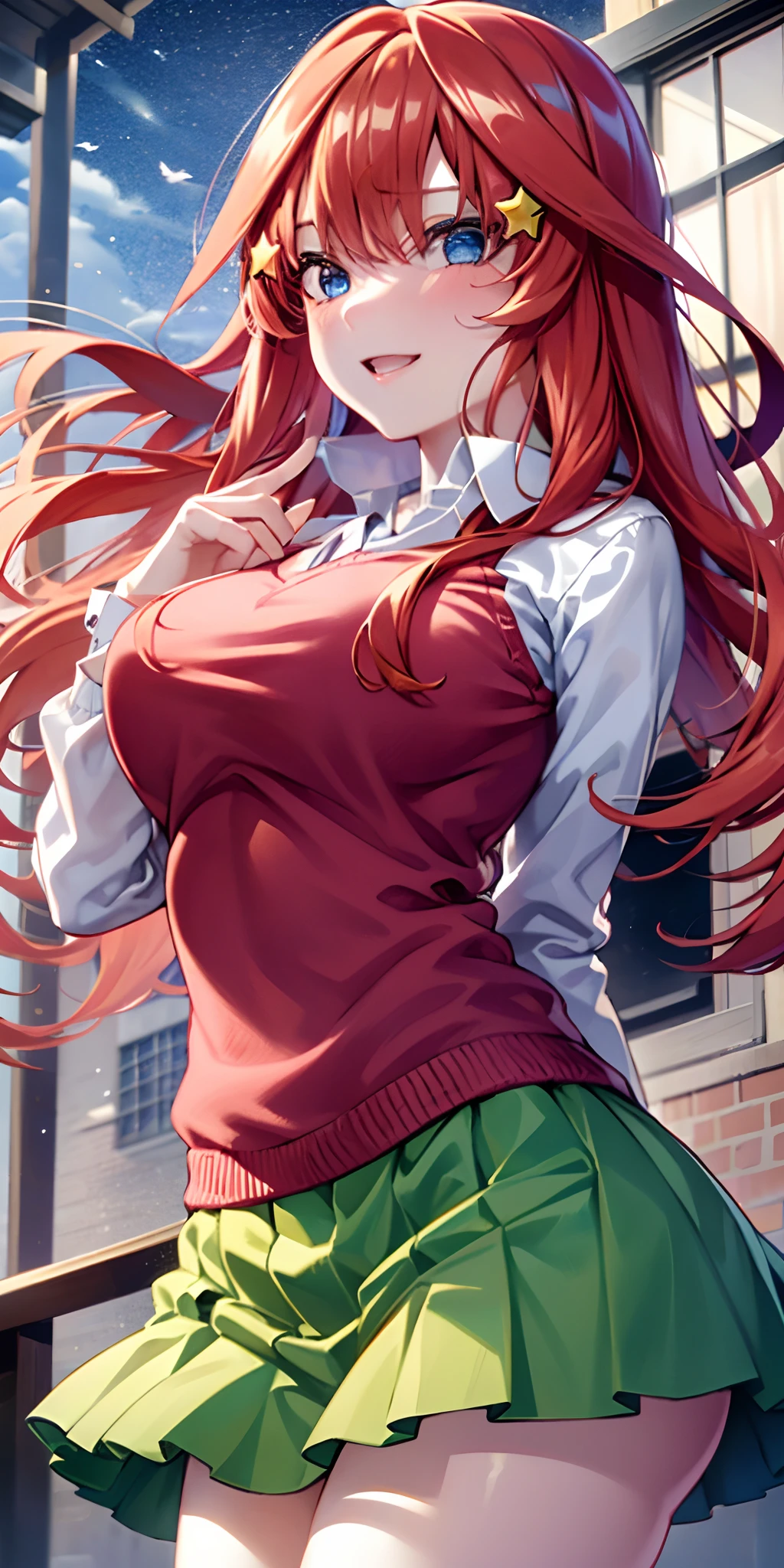 2D, masutepiece, Best Quality, Anime, Highly detailed, 1girl in, Solo, Cowboy Shot, Itsuki Nakano, Red hair, Long hair, Star hair ornament, Ahoge, Red Sweater, Collared shirt, Green skirt, very short pleated miniskirt, gigantic breasts, Standing, School, Outdoors, seductive smile, blush,skirt lift by yourself,pigeon-toed, showing panties, floating hair, wind,