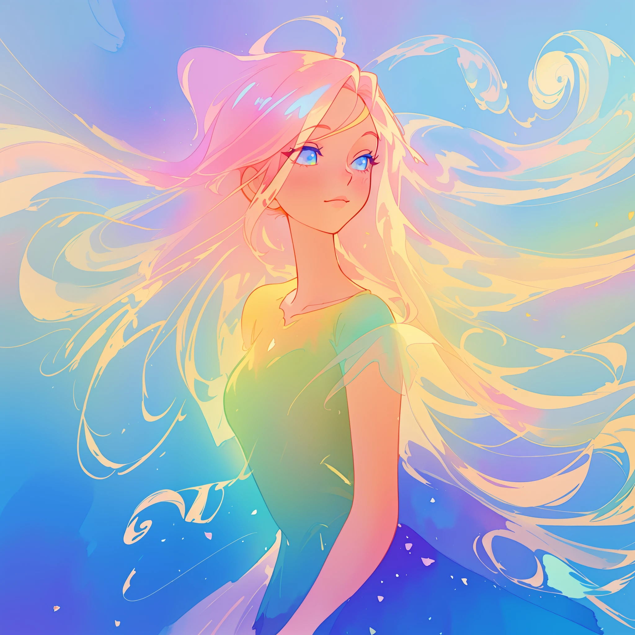 beautiful girl in ombre gradient dress, fairy dress, long golden pink hair, colorful watercolor background, watercolor illustration, inspired by Glen Keane, inspired by Lois van Baarle, disney art style, by Lois van Baarle, glowing aura around her, by Glen Keane, jen bartel, glowing lights! digital painting, flowing glowing hair, glowing flowing hair, beautiful digital illustration, fantasia otherworldly landscape plants flowers, beautiful, masterpiece, best quality, anime disney style