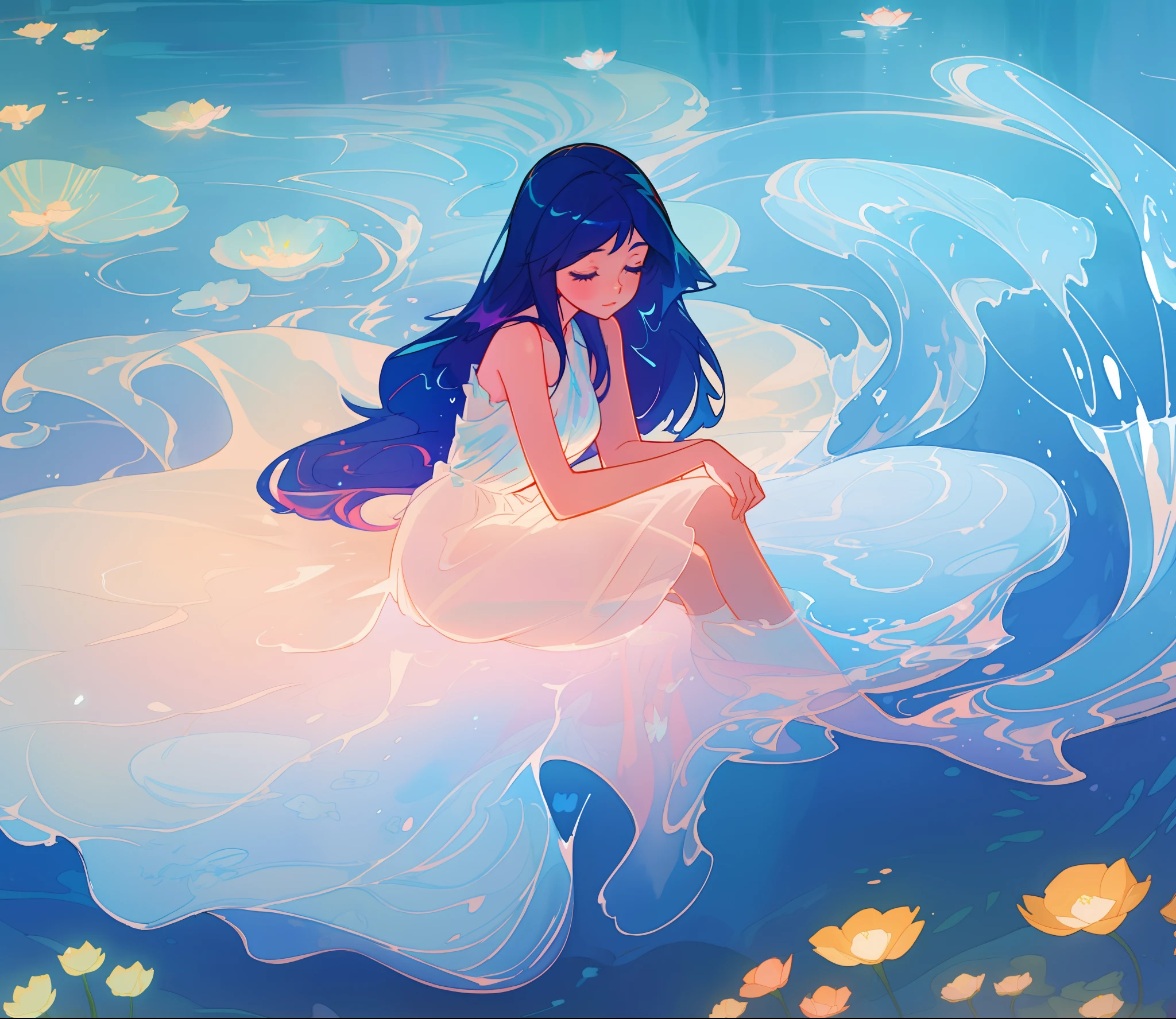 beautiful nude girl covered by seafoam, long dark hair, beautiful girl sitting in the water, dress made of white seafoam, water nymph, water fairy, watercolor illustration, inspired by Glen Keane, inspired by Lois van Baarle, disney art style, by Lois van Baarle, glowing aura around her, by Glen Keane, jen bartel, glowing lights! digital painting, flowing glowing hair, glowing flowing hair, beautiful digital illustration, fantasia otherworldly landscape plants flowers, beautiful, masterpiece, best quality, anime disney style