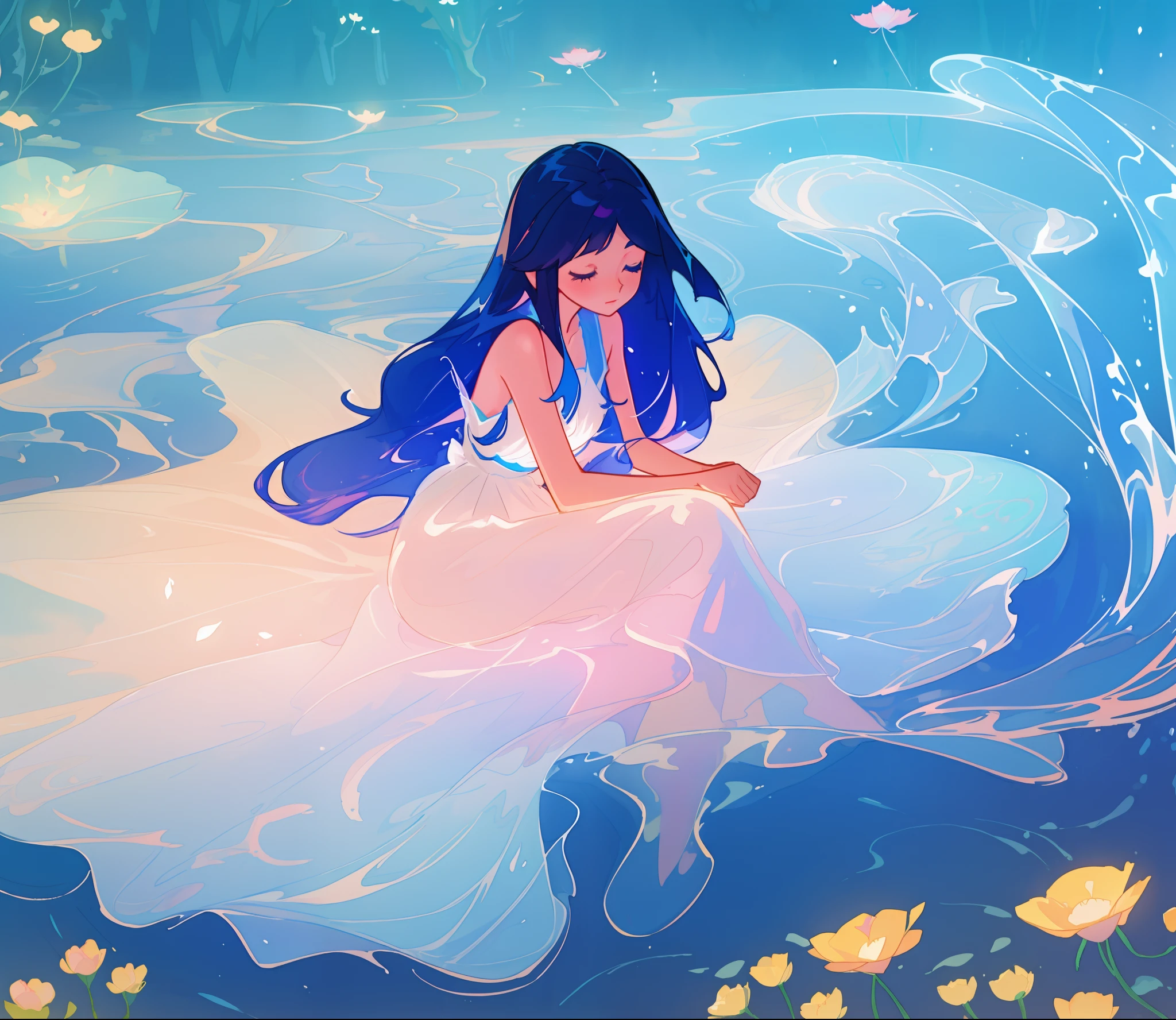 beautiful girl in white dress made of seafoam, long dark hair, beautiful girl sitting in the water, dress made of liquid, water nymph, water fairy, watercolor illustration, inspired by Glen Keane, inspired by Lois van Baarle, disney art style, by Lois van Baarle, glowing aura around her, by Glen Keane, jen bartel, glowing lights! digital painting, flowing glowing hair, glowing flowing hair, beautiful digital illustration, fantasia otherworldly landscape plants flowers, beautiful, masterpiece, best quality, anime disney style