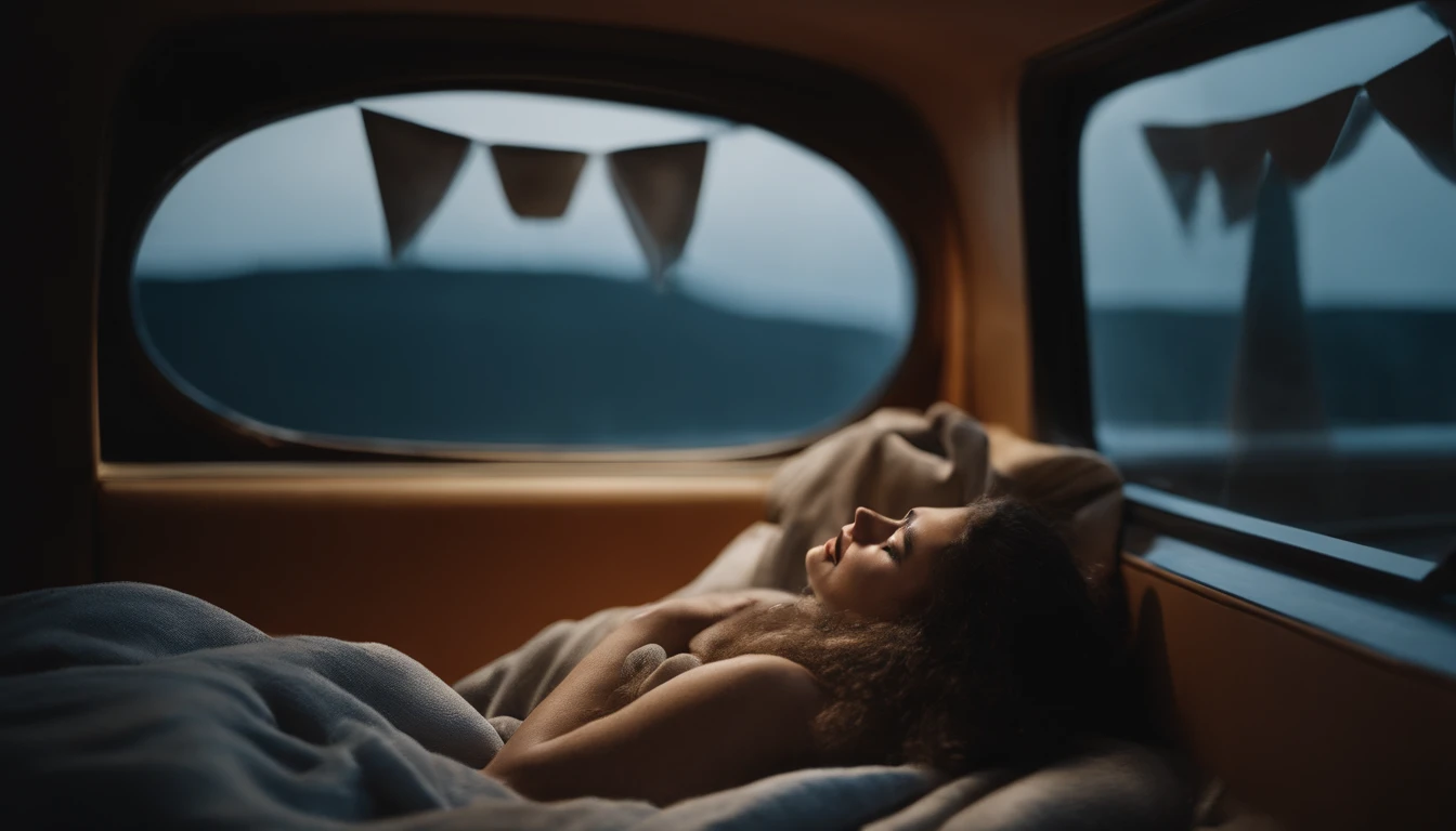 Minibus interior, woman sleeping in a cozy bed, woman sleeping in the interior of a minibus, pillows, blanket, large windows, transparent ceiling, night, dramatic light, late night, chiaroscuro, ray tracing, reflection light, backlighting, bloom, 8k, super detail, ccurate, best quality, super detail, anatomically correct, super detail, super detail, high quality, anatomically correct, super detail, high details, high quality, highres, woman sleeping