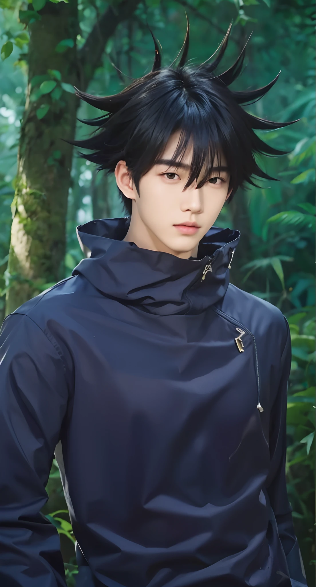 Real life adaption of this character, Korean handsome face,looking to viewer,realistic same hair ,realistic jungle with many grass background, hyper realistic, realistic light, realistic shadow, realism,(photorealistic:1.2), (realistic same outfit),