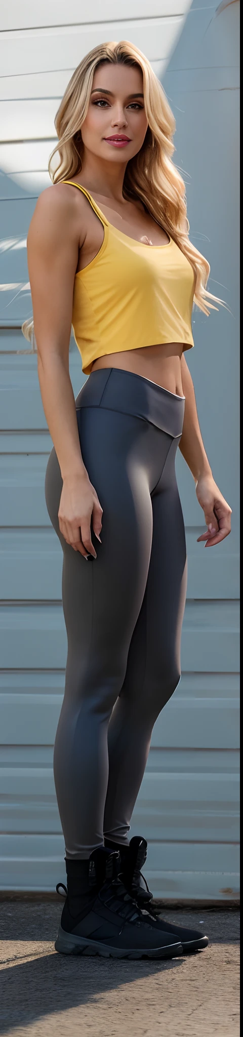 A closeup of a woman in a yellow top and gray pants, Leggings, Leggings, perto de um magro, tights skin, panthyhose, panthyhose, Leggings Pretas, traje apertado, usando roupas simples e apertadas, closeup extremo de corpo inteiro, Coxas fechadas, close-up nas pernas, lacuna na coxa, roupa apertada, Leggings Pretas, Slacks
