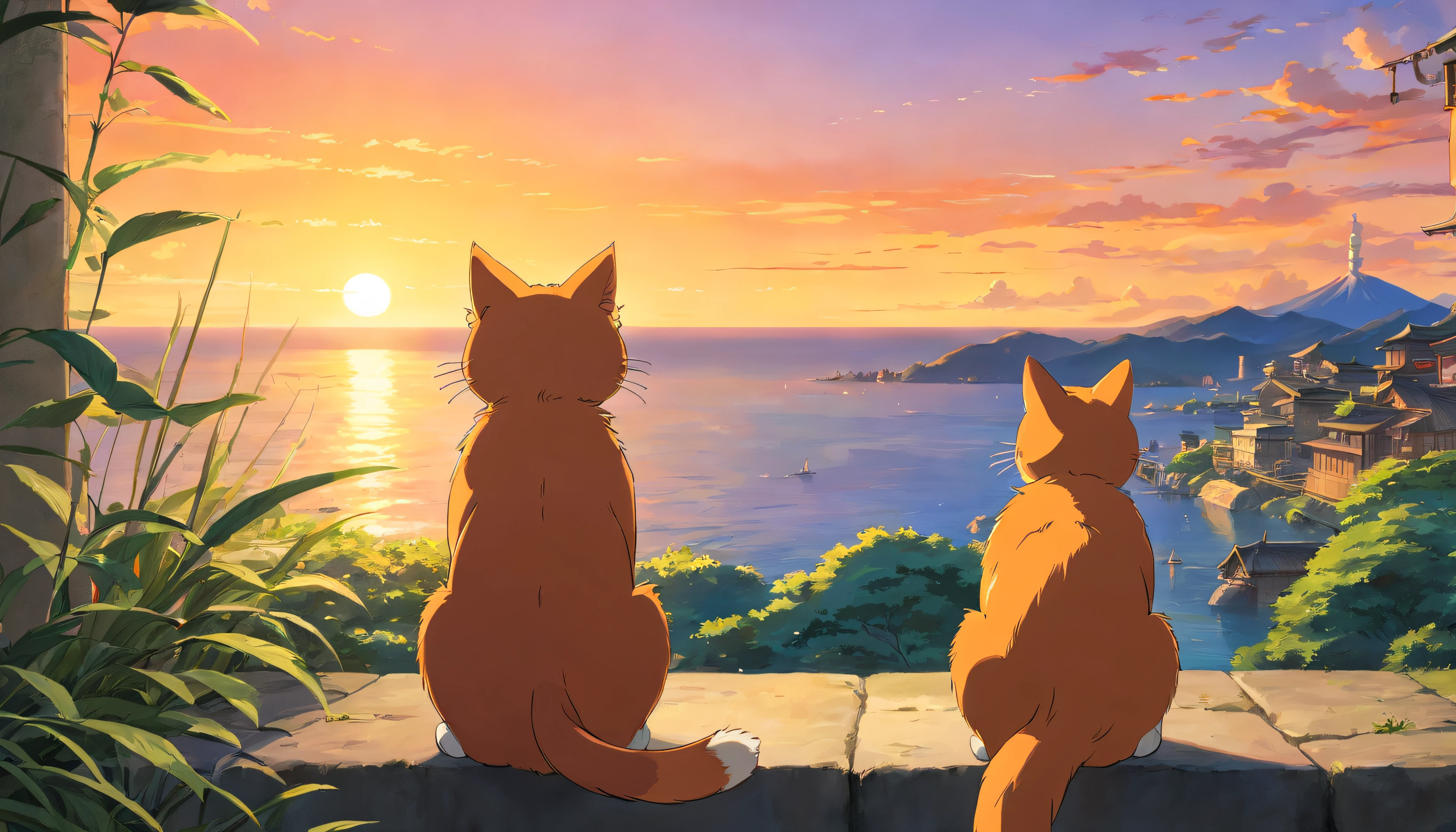 The orange cat sits and quietly watches the sunset