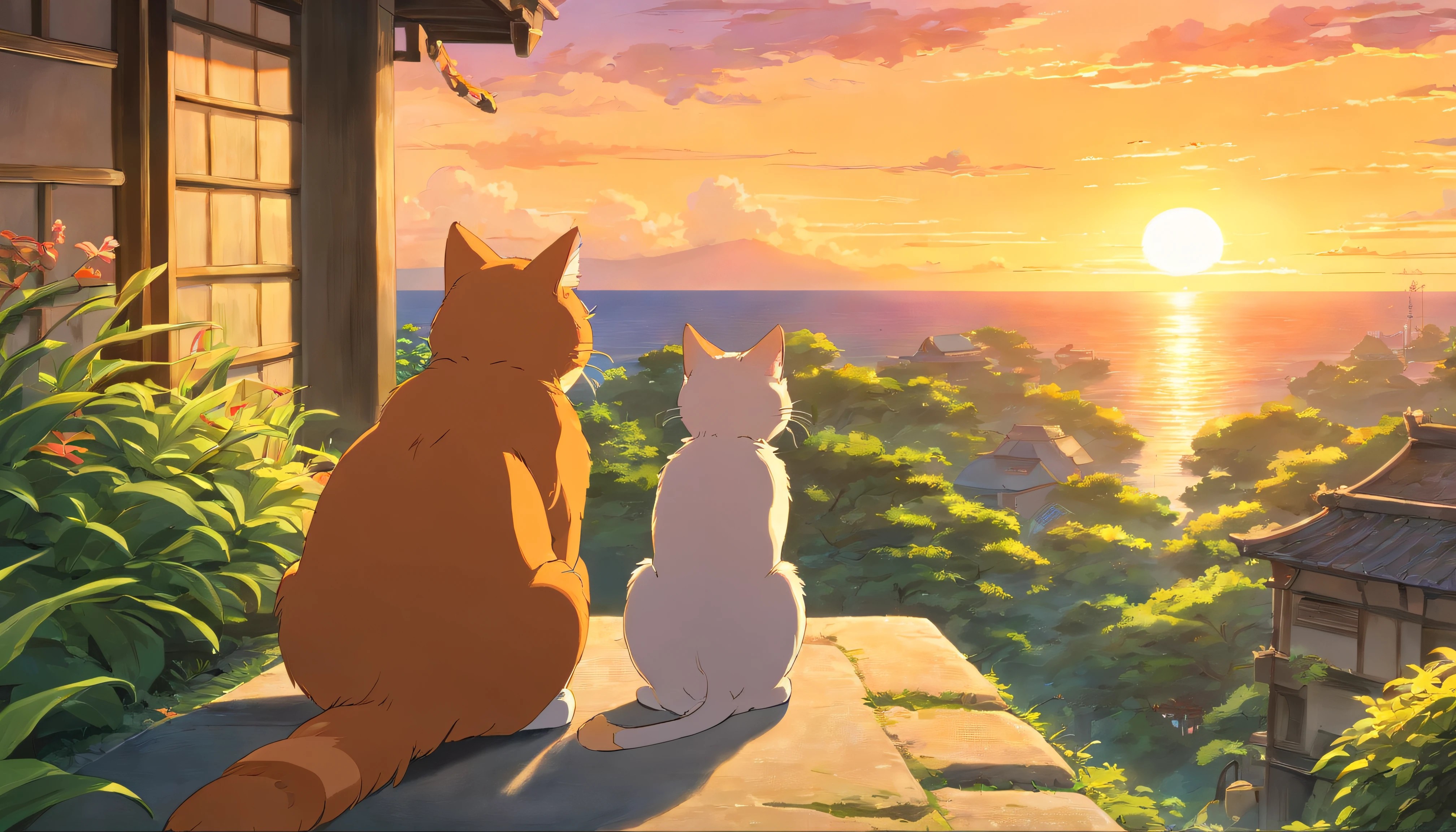 The orange cat sits and quietly watches the sunset