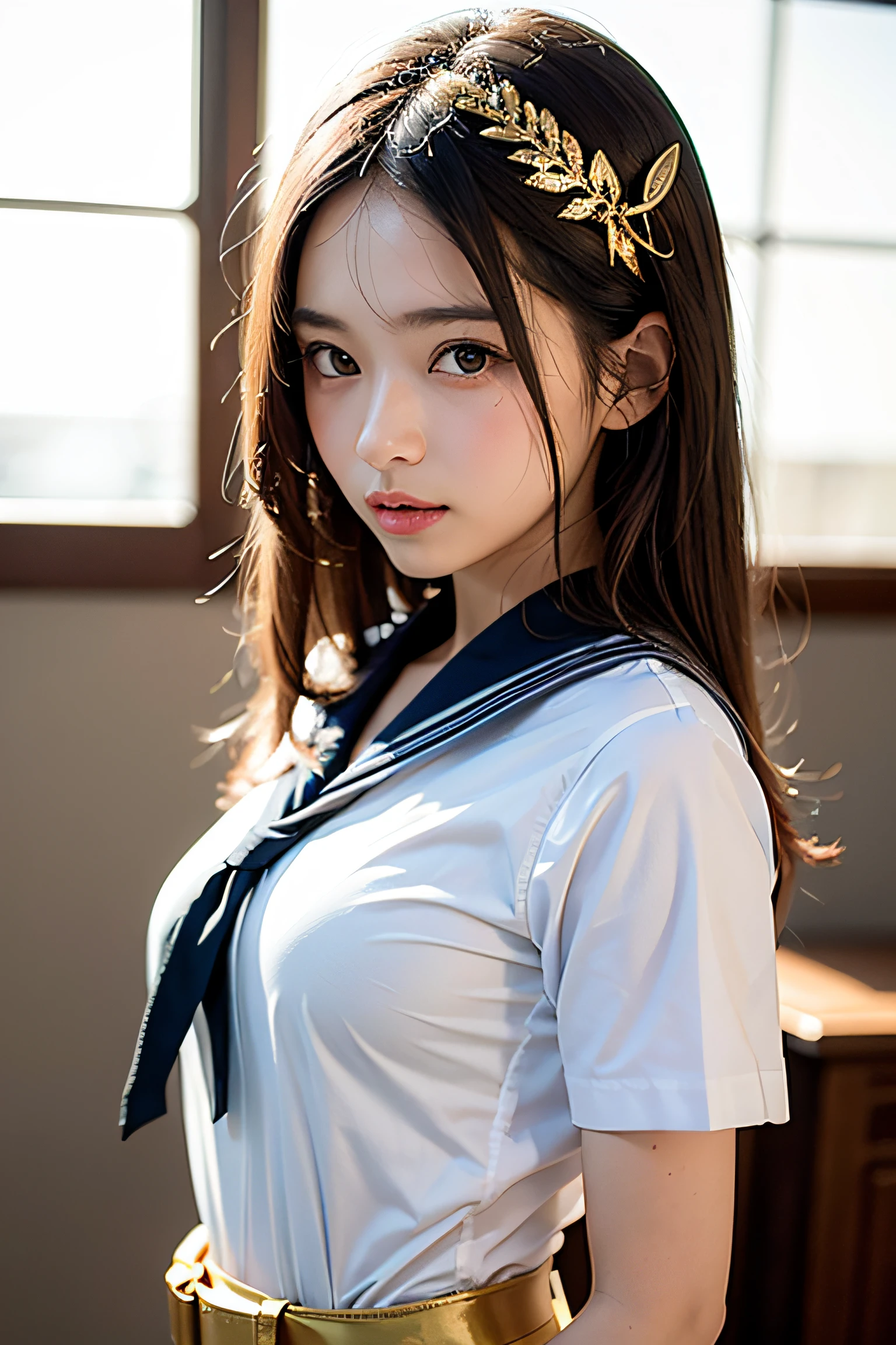 (8K、RAW Photos、top-quality、masterpiece:1.2)、(realisitic、Photorealsitic:1.37)、女の子1人、japanes、sixteen years old、femele、Classroom、natta、profetional lighting、Photon mapping、torn、Colossal tits、The tips of the knitted, which are pure white and very small in size, stick out、areola protruding、The shape of the pubic area is clearly visible、gals、Lots of lashes、Lame on the eyelids、Pitch black lip、Pitch black heels、pubick hair、the lower abdomen bristles、A slender、crotch open、My are big and are about to spill out of my bra、Very much pubic hair、pubic hair is very protruding、((a sailor suit))、maroon short hair
