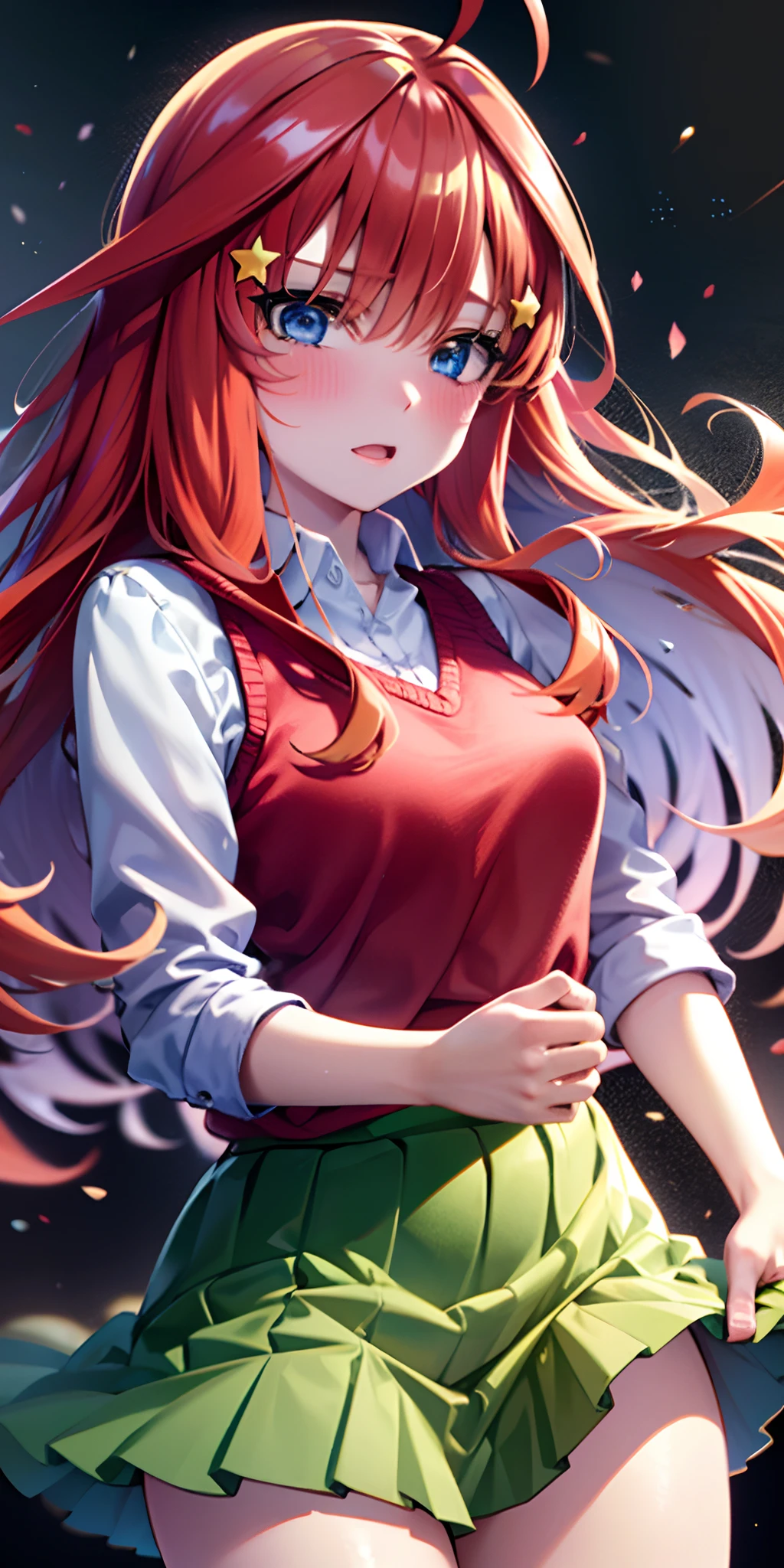 ultra-detailed, Best Quality, Anime, Highly detailed, extremely detailed CG, unity 8k wallpaper , super detailed skin, detailed , dynamic lighting , beautiful detailed eyes, Cowboy Shot, Itsuki Nakano, Red hair, Long hair, Star hair ornament, Ahoge, Red Sweater, Collared shirt, Green skirt, very short pleated miniskirt, medium breasts, Standing, School, Outdoors, embarrassed, blush,skirt lift by yourself,pigeon-toed, showing panties, floating hair, wind,