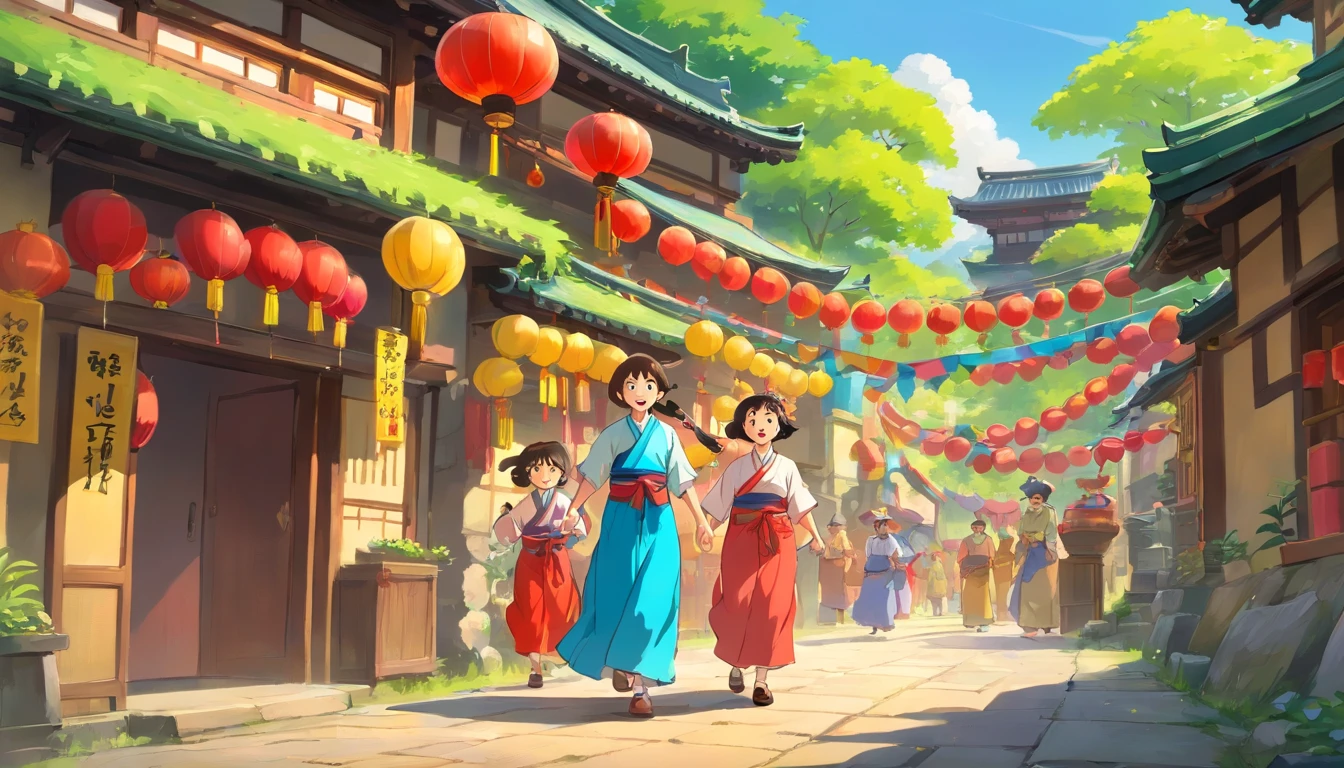The whole village is dressed up，Colorful bunting flutters in the air，People wear Zhuang costumes，With a smile of joy and anticipation，Little girl and grandpa，Mom with melons，Go to a temple to worship the bull god
